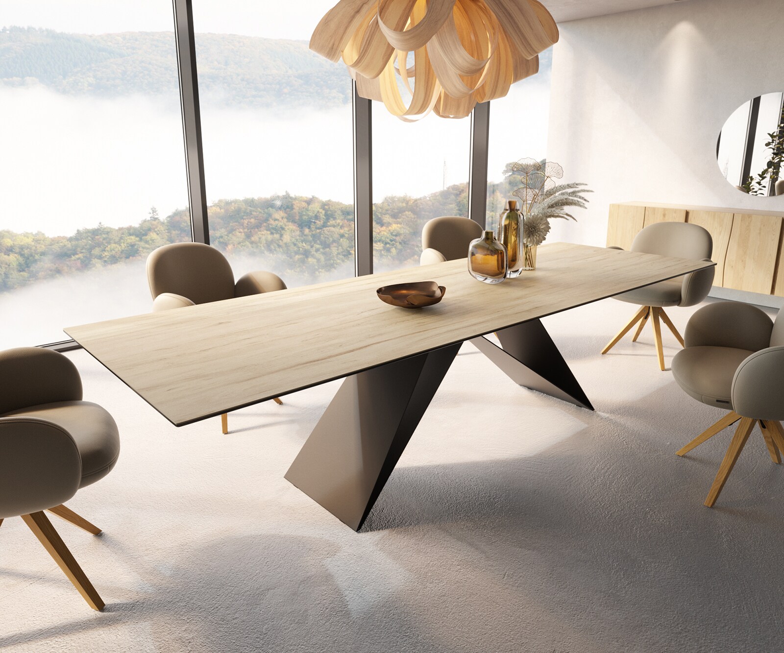 Stół do jadalni Edge 300x100cm ceramika Laminam® Sabbia kolor dębu rama V metal czarna