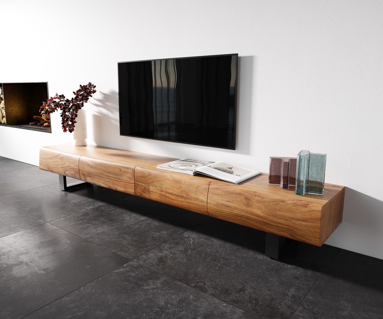 Szafka RTV New Live-Edge 240 cm akacja naturalna 4 szuflady nóżki płozowe czarny metal
