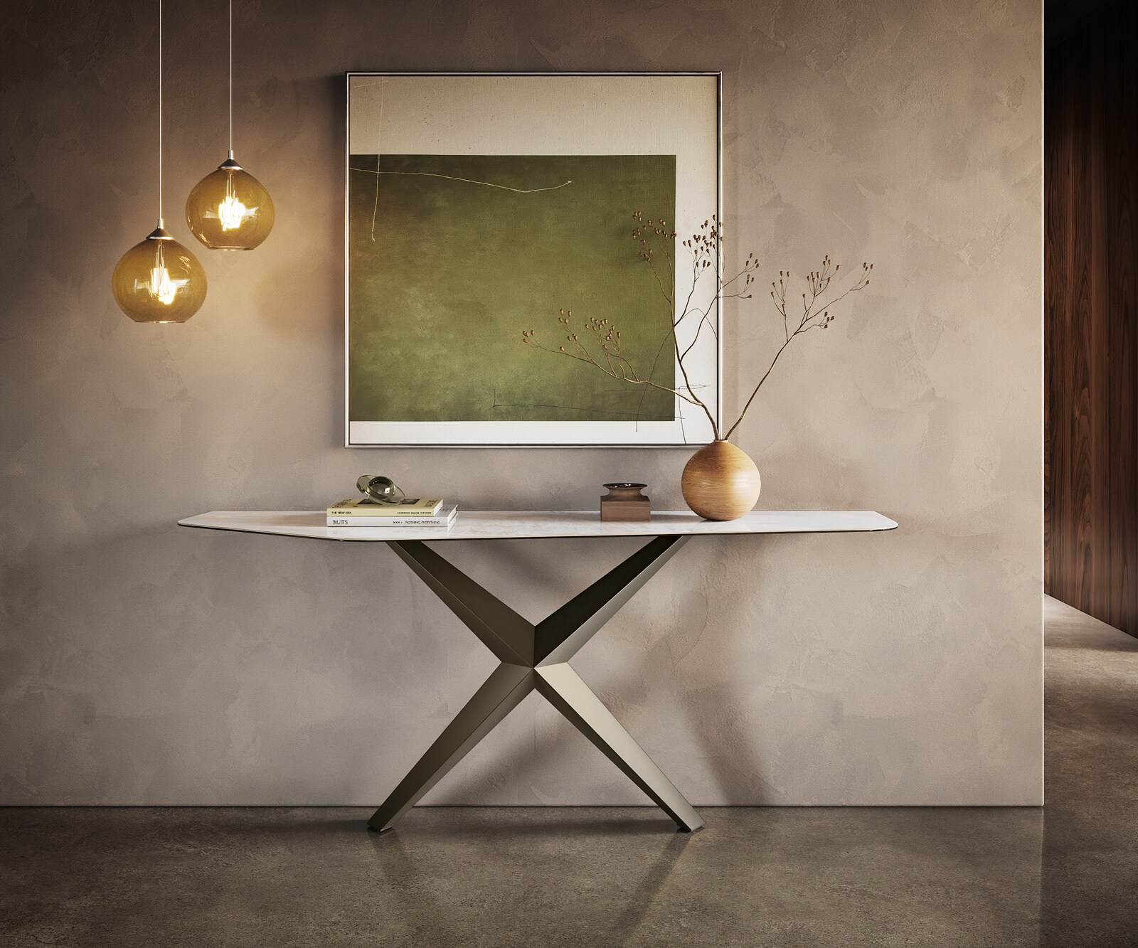 Konsola Edge wielokątna 180x50 cm ceramika Onyx Pearl podstawa Zentharo metal w kolorze tytanu 4