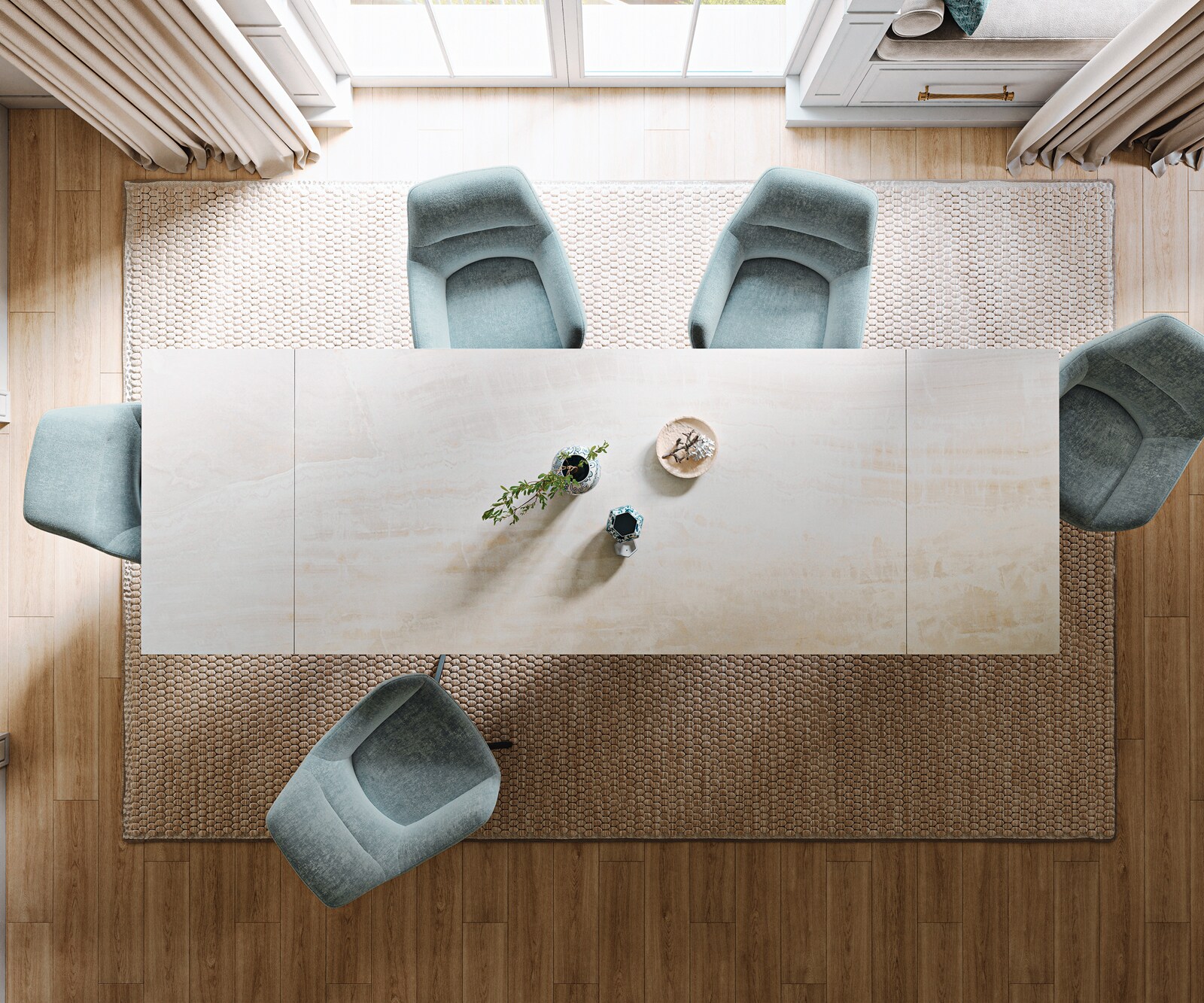Stół do jadalni Edge 200-300x100cm ceramika Onyx Champagne rama W metal czarny rozkładany 5