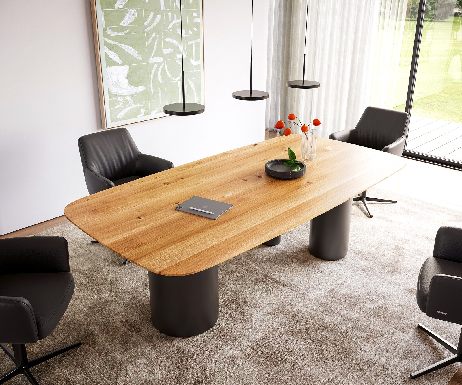 Stół do jadalni Edge kształt beczki 240x120x2,5-3cm dąb naturalny rama Troa metal czarny krawędź szwajcarska