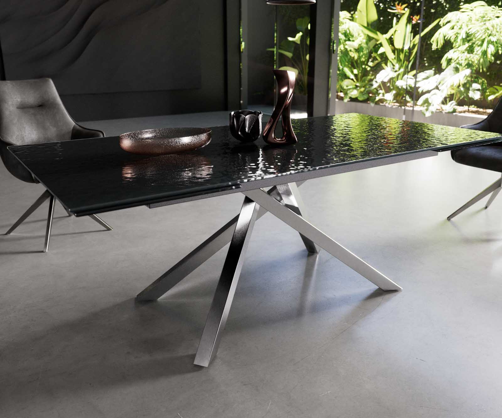 Stół do jadalni Edge 200-300x100 cm szkło reliefowe czarne efekt 3D rama Cross stal nierdzewna rozkładany 5