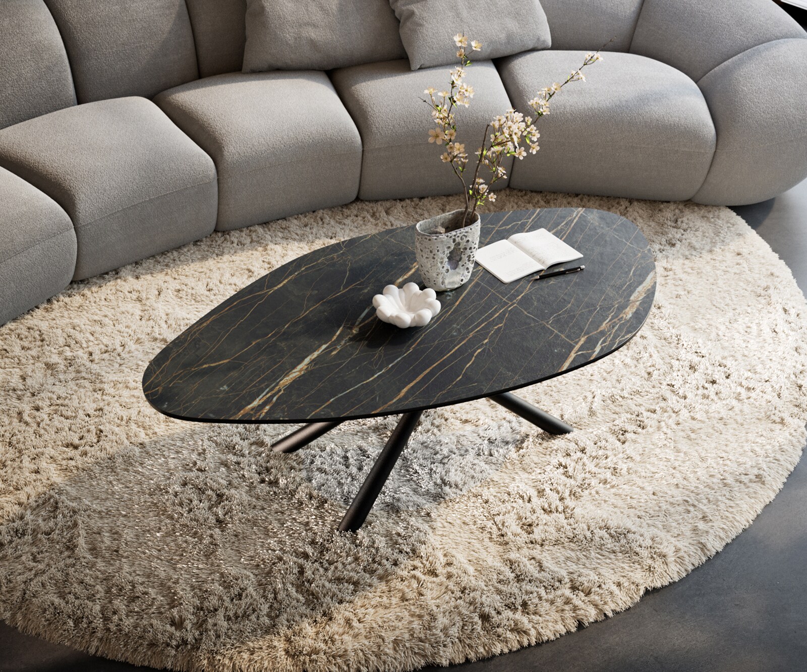 Stolik kawowy Edge organiczny 140x76 cm ceramika Laminam® Noir Desir brązowa podstawa Sarity metal czarny 4