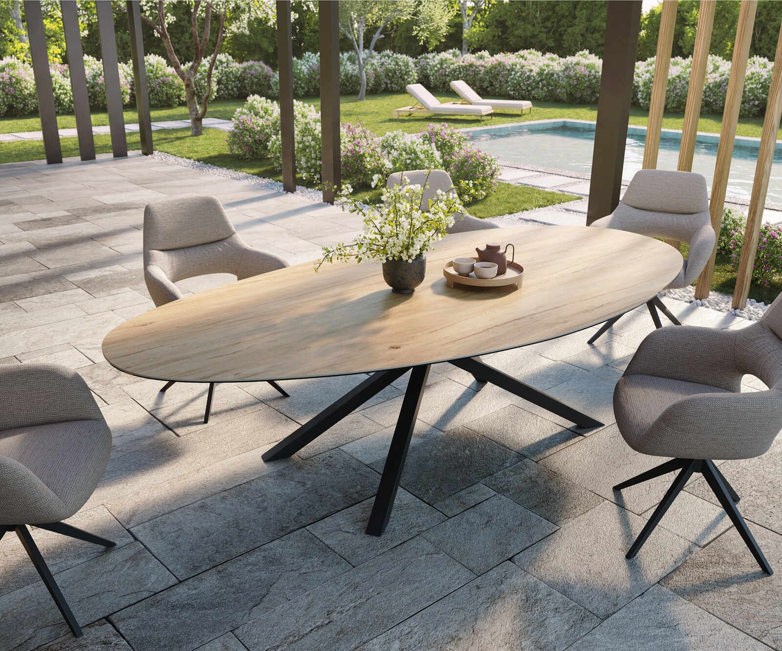 Stół ogrodowy Edge owalny 280x130 cm ceramika Laminam® Sabbia kolor dębu rama Cross czarny