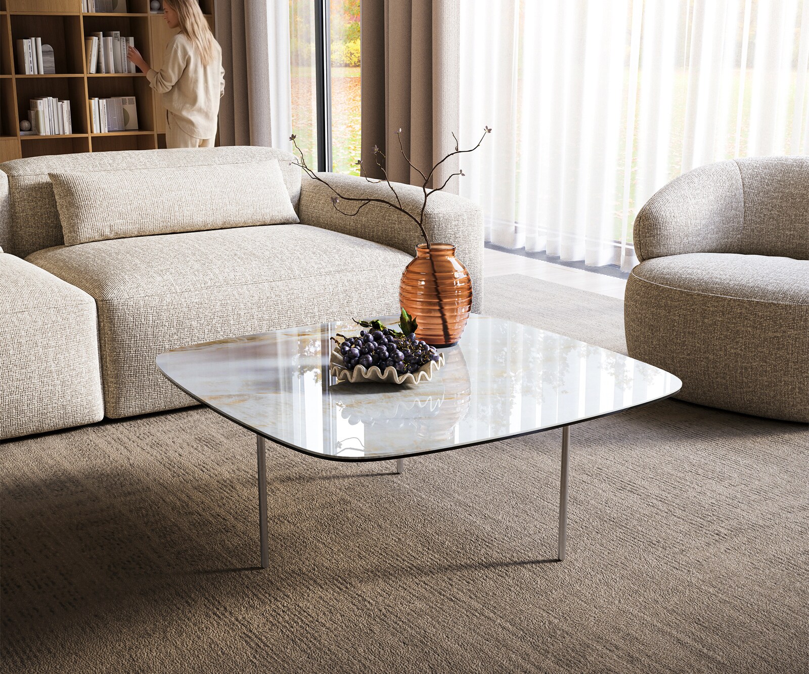 Stolik kawowy Edge w kształcie beczki 90x90 cm ceramika Onyx Pearl podstawa Trive stal nierdzewna szczotkowana 1