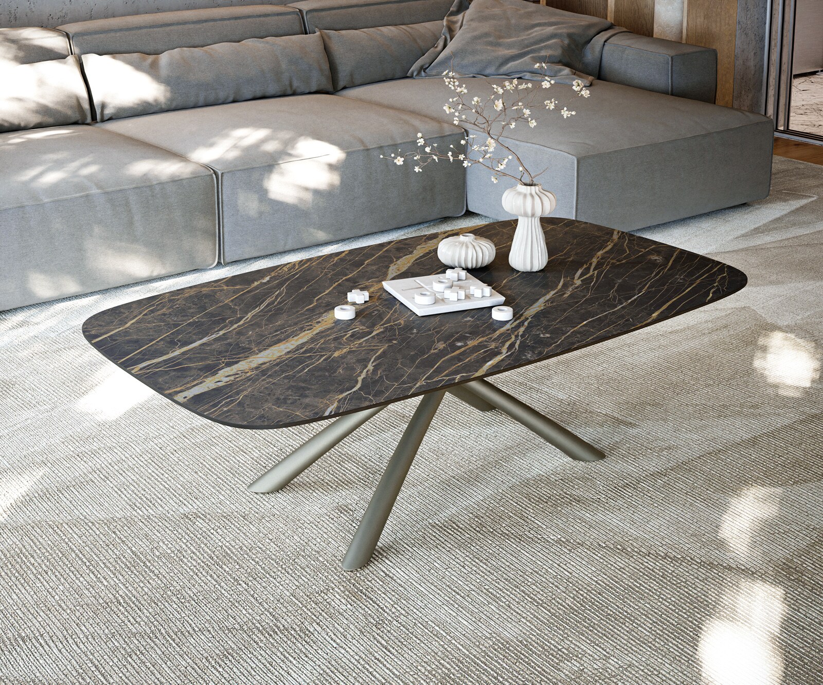 Stolik kawowy Edge w kształcie beczki 140x80 cm ceramika Laminam® Noir Desir brązowy Sarity wykończenie tytanowe 2