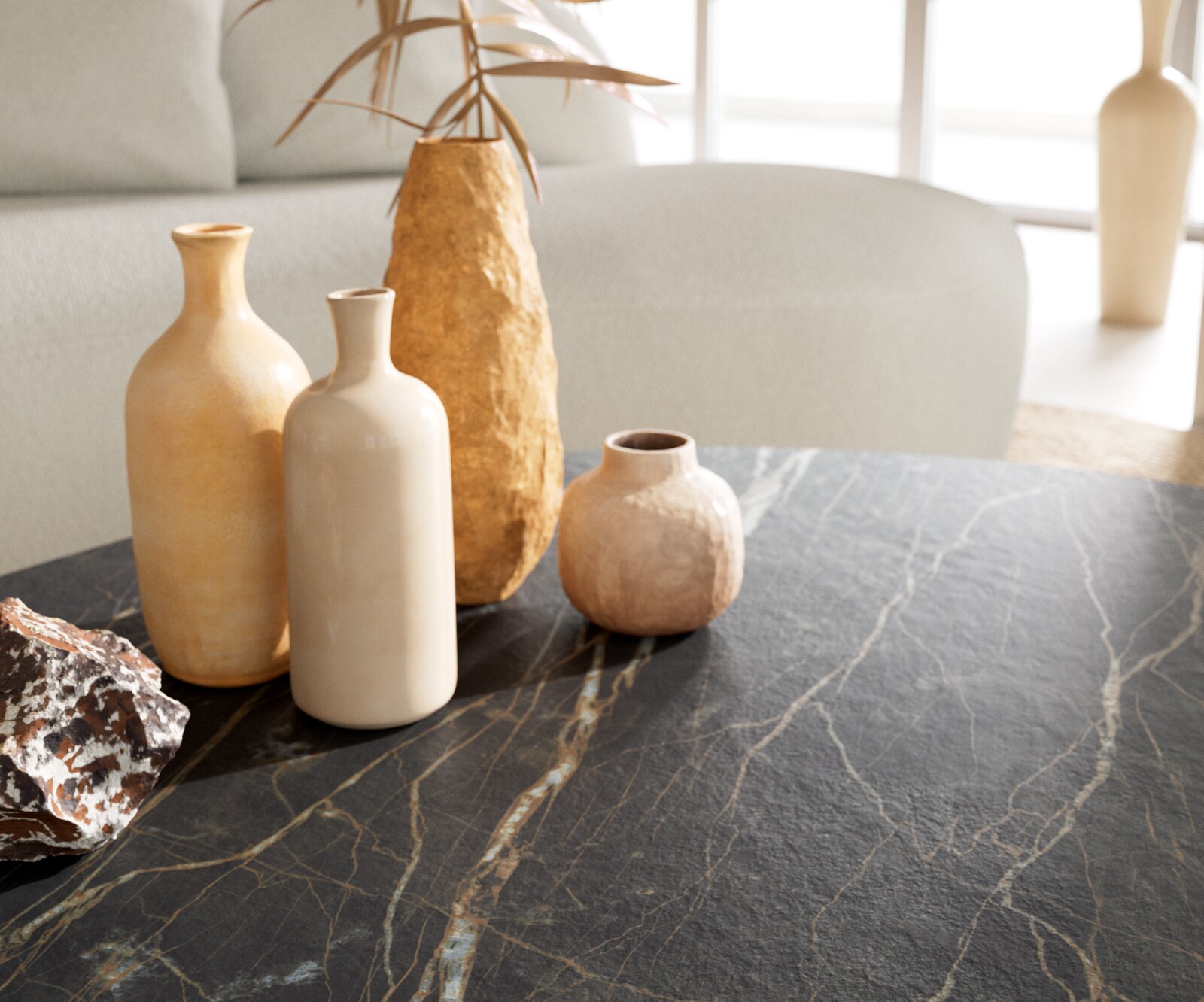 Stolik kawowy Edge owalny 140x75 cm ceramika Laminam® Noir Desir brązowa podstawa Sarity metal czarny 7