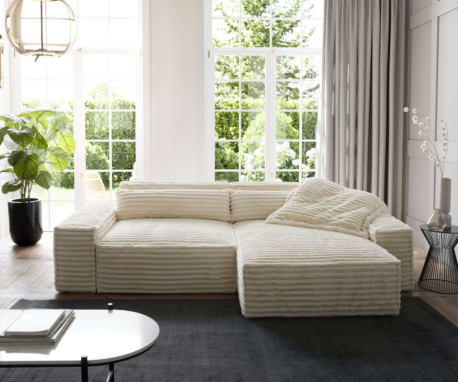Sofa narożna Sirpio XL 270x170cm plusz-sztruks beżowy szezlong z możliwością zmiennego ustawienia 1