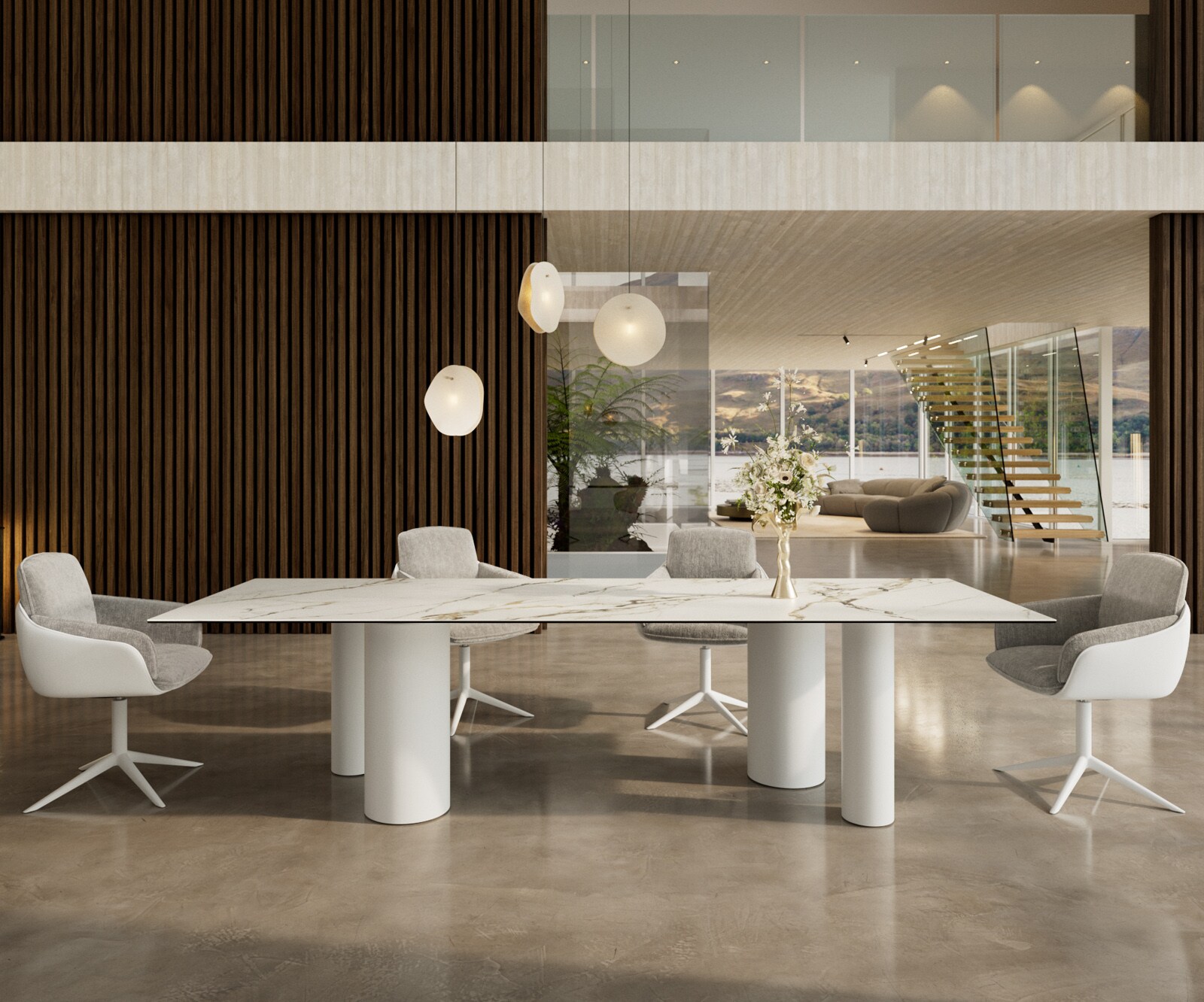 Stół do jadalni Edge 300x100cm ceramika Calacatta Luxe biało-złoto-szary rama Pilier metal biały