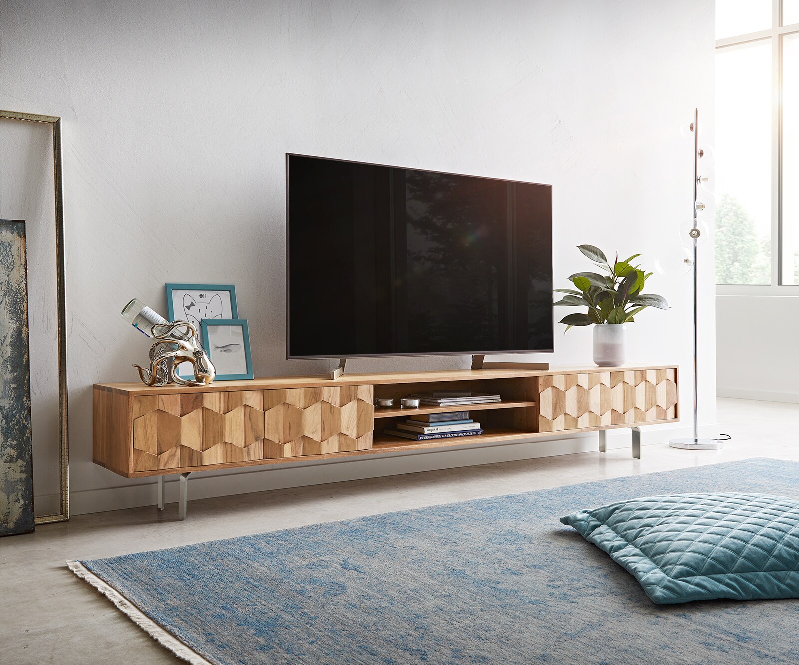 Szafka RTV Fevo 240 cm akacja naturalna 4 drzwi nóżki L