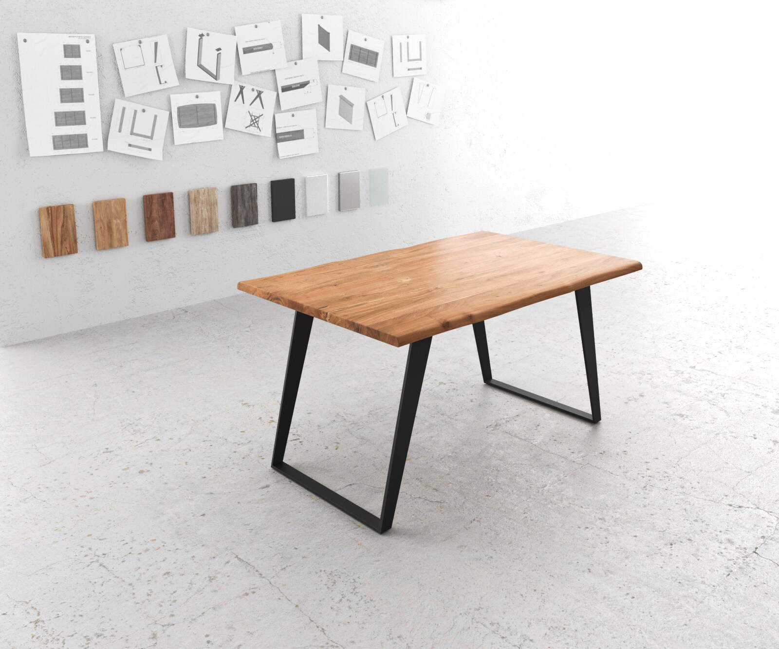 Stół do jadalni Edge 140x90cm akacja naturalna metal pochylona rama live-edge