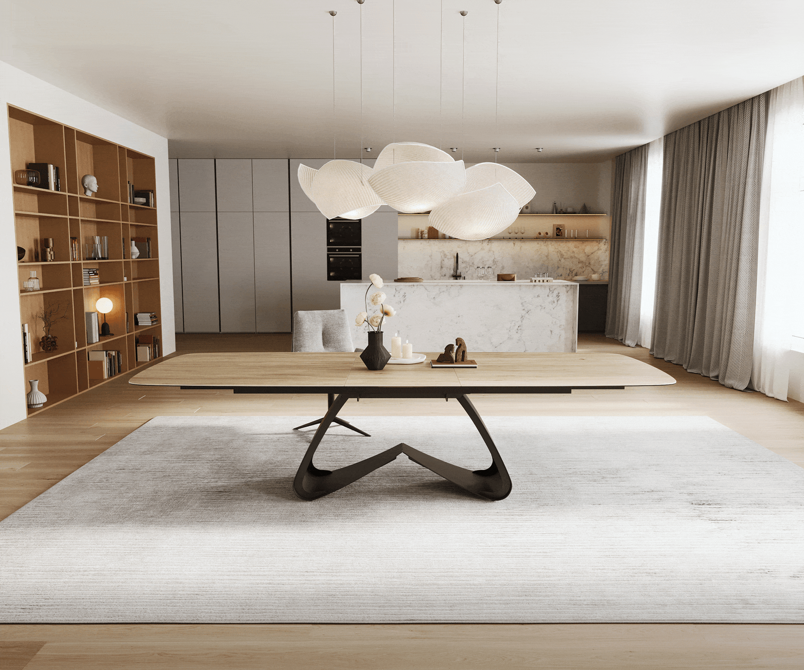 Stół do jadalni Edge w kształcie beczki 240-300x120 cm ceramika Laminam® Sabbia w kolorze dębu rama typu W metal czarny rozkładany 1