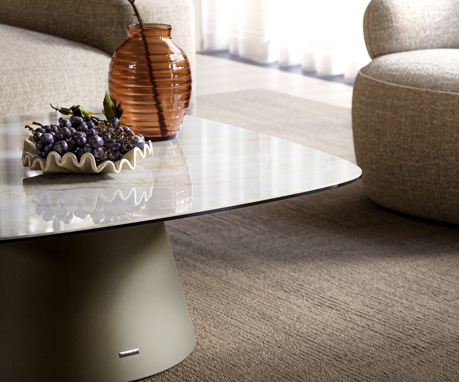 Stolik kawowy Edge w kształcie beczki 90x90 cm ceramika Onyx Pearl podstawa Borna metal w kolorze tytanu 6