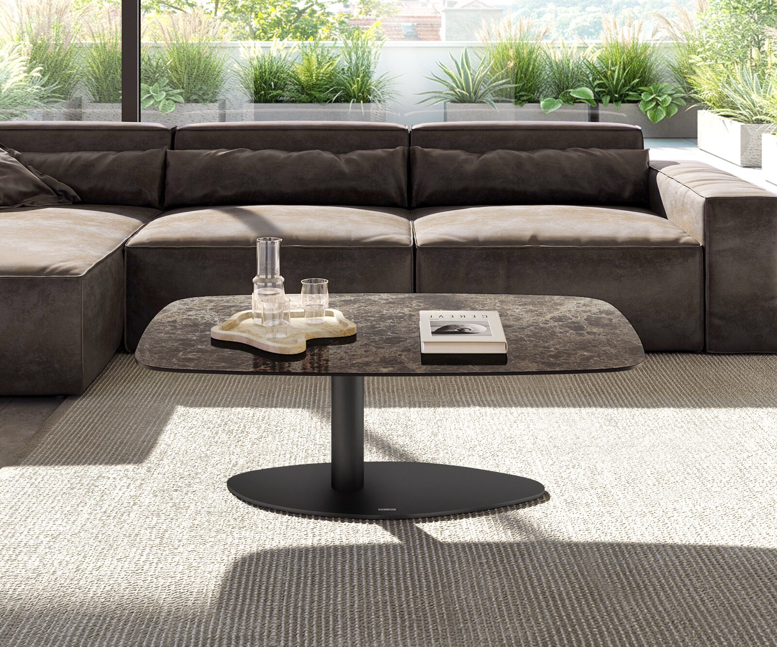 Stolik kawowy Edge w kształcie beczki 120x70 cm ceramika Laminam® Emperador Extra Lucidato ciemnobrązowy Vibany czarny metal 1