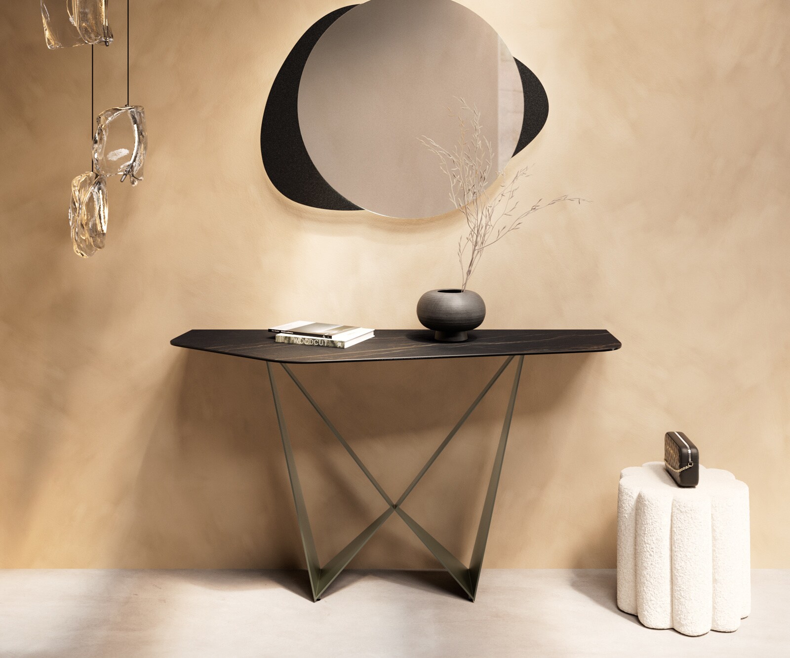 Konsola Edge wielokątna 140x50 cm ceramika Laminam® Noir Desir brązowa podstawa Spios metal w kolorze tytanu 4