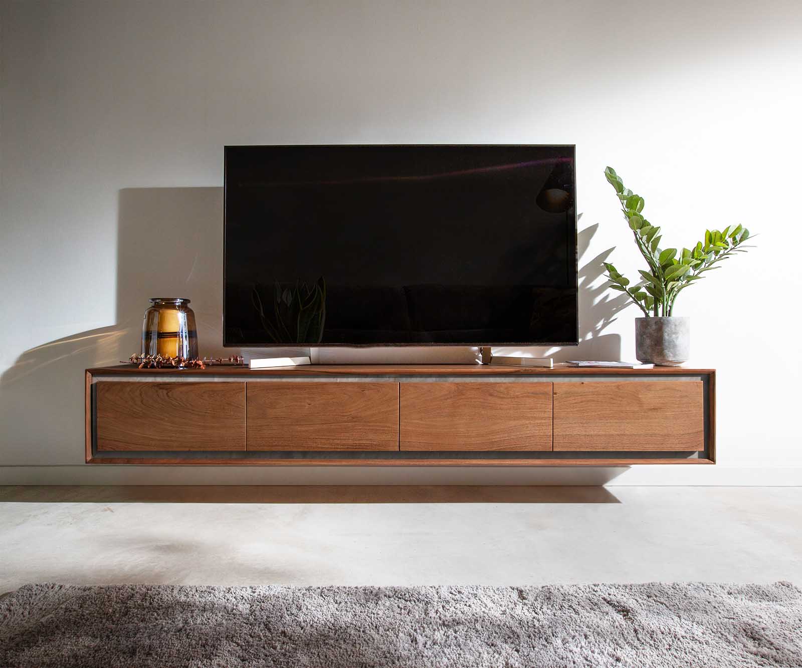 Szafka RTV Stonegrace 200 cm akacja brązowa fornir kamienny 4 drzwi podwieszana 2