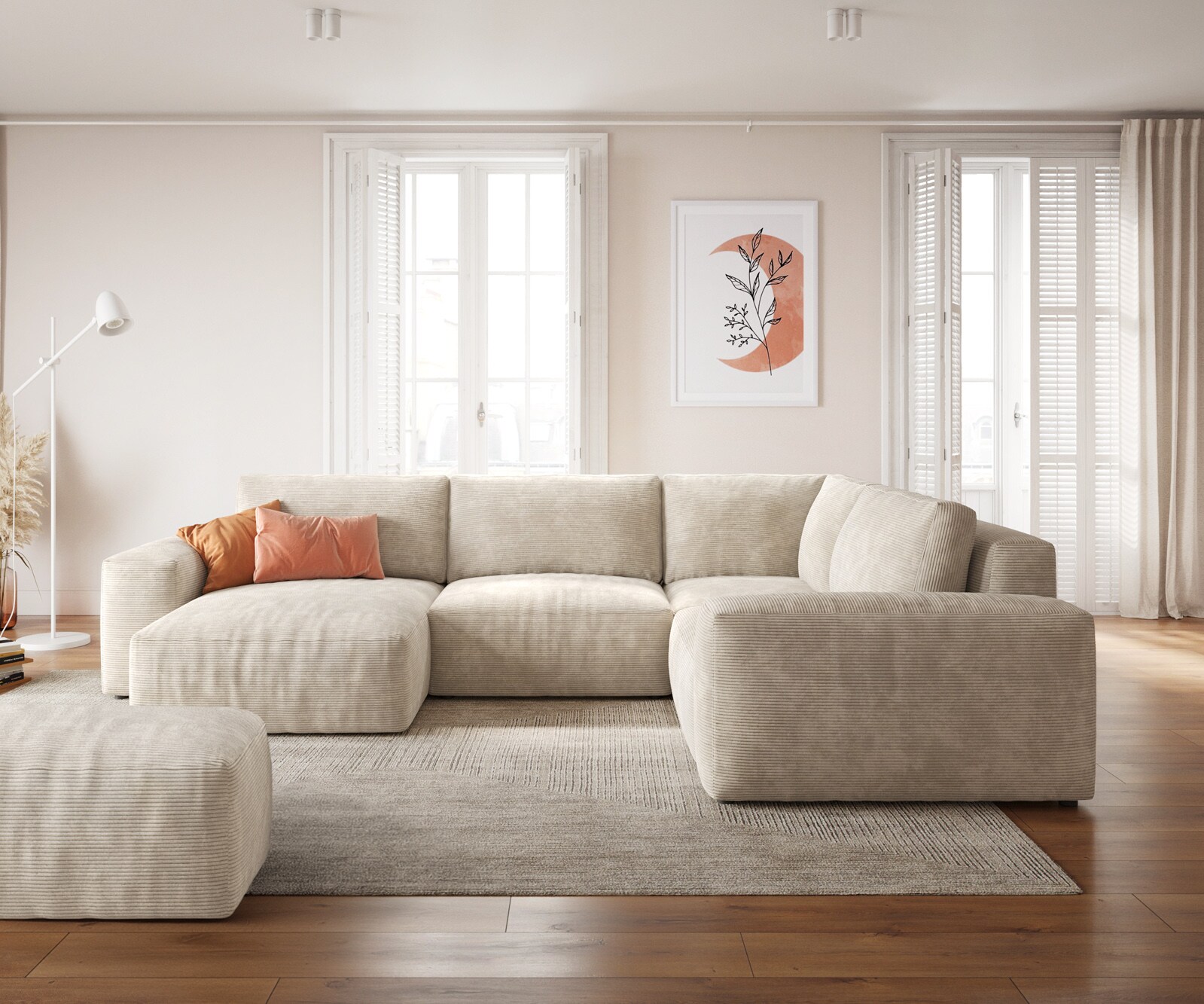 Sofa w kształcie litery U Lanzo 300x210 cm sztruks beżowy szezlong z możliwością obustronnego montażu z pufem 1