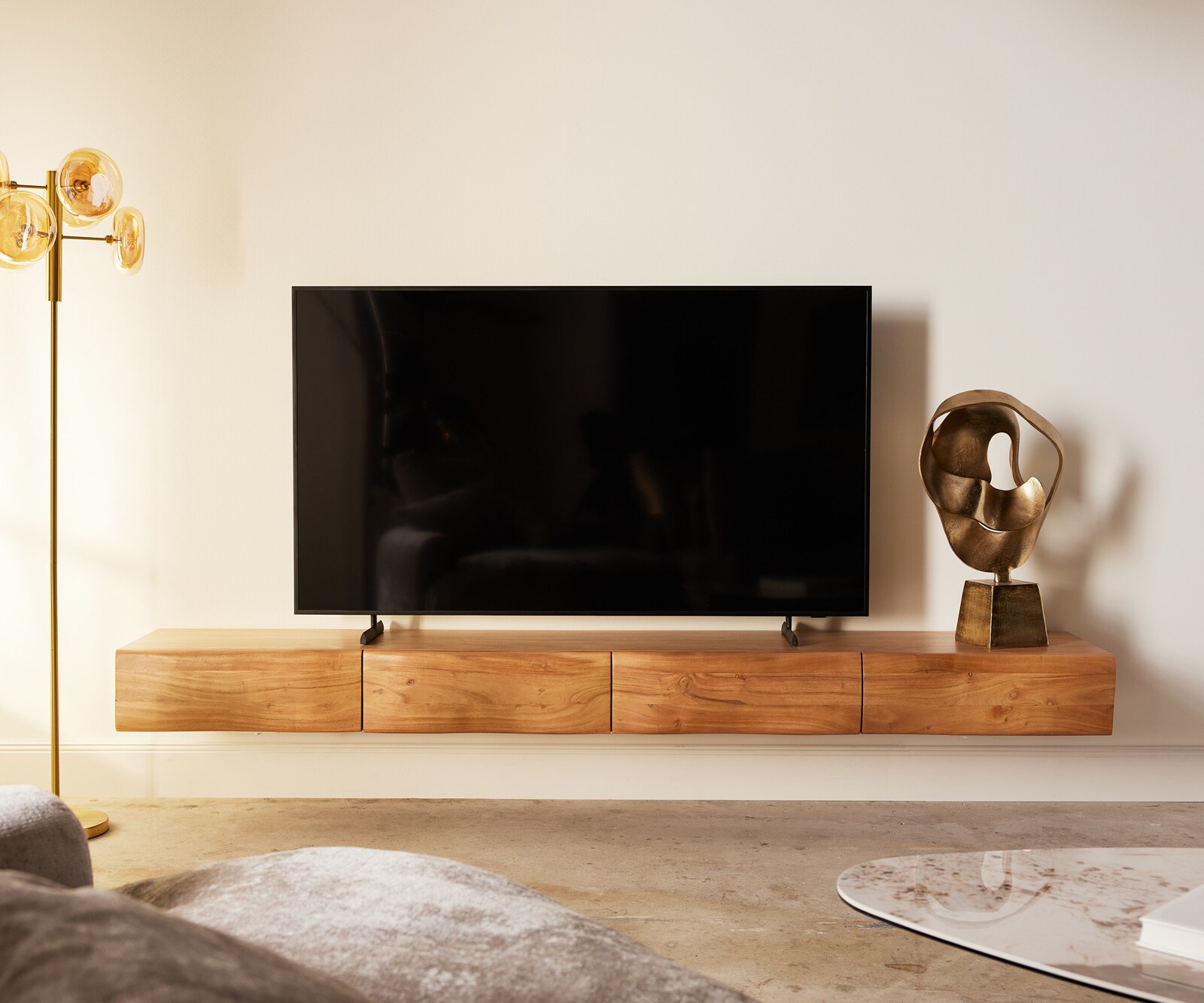 Szafka RTV New Live-Edge 240 cm akacja naturalna 4 szuflady podwieszana 1