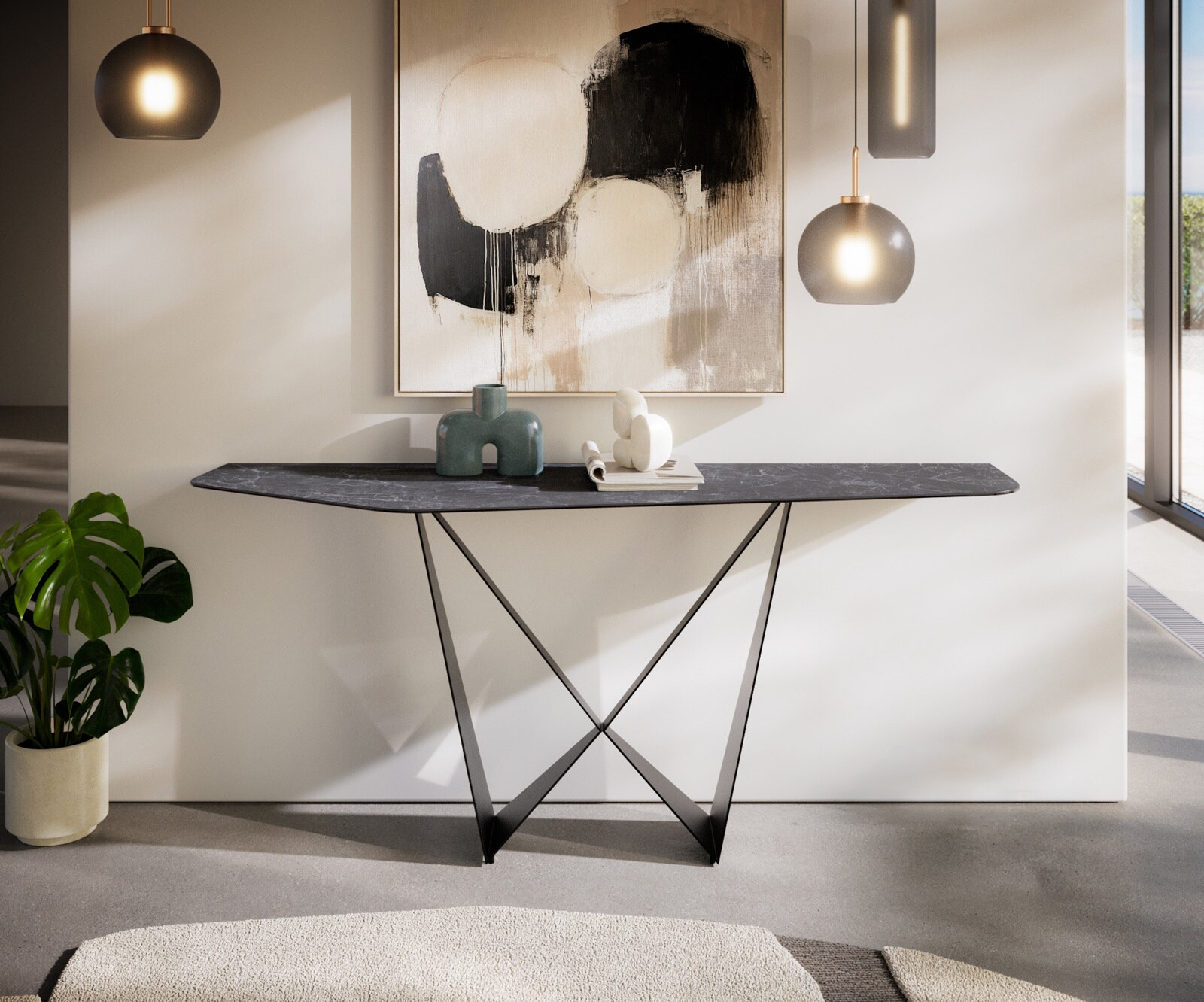 Konsola Edge wielokątna 180x50 cm ceramika Laminam® Nero Greco antracytowa podstawa Spios metal czarny 2