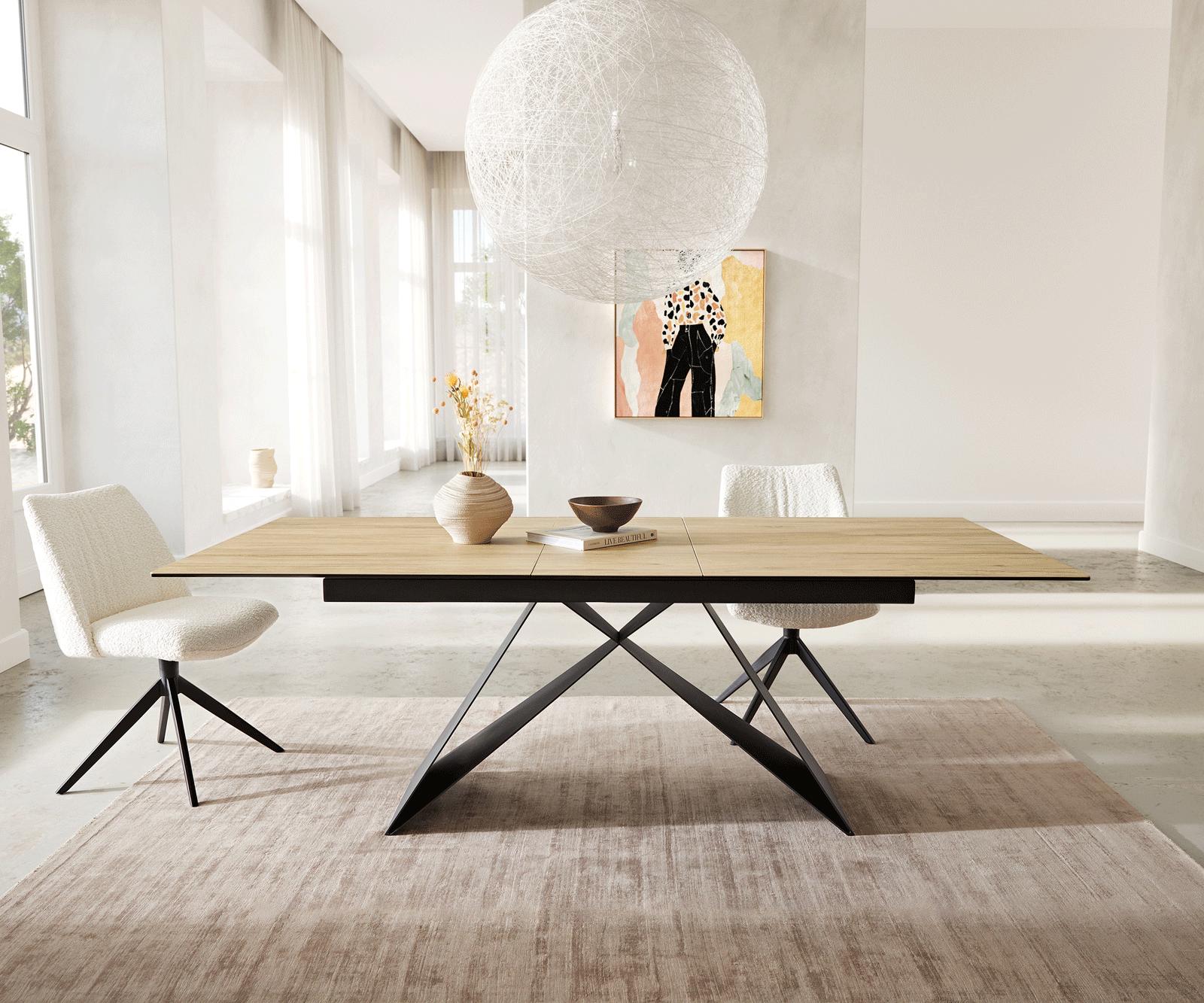 Stół do jadalni Edge 180-220x100 cm ceramika Laminam® Sabbia kolor dębu rama V metal czarna rozkładany 5