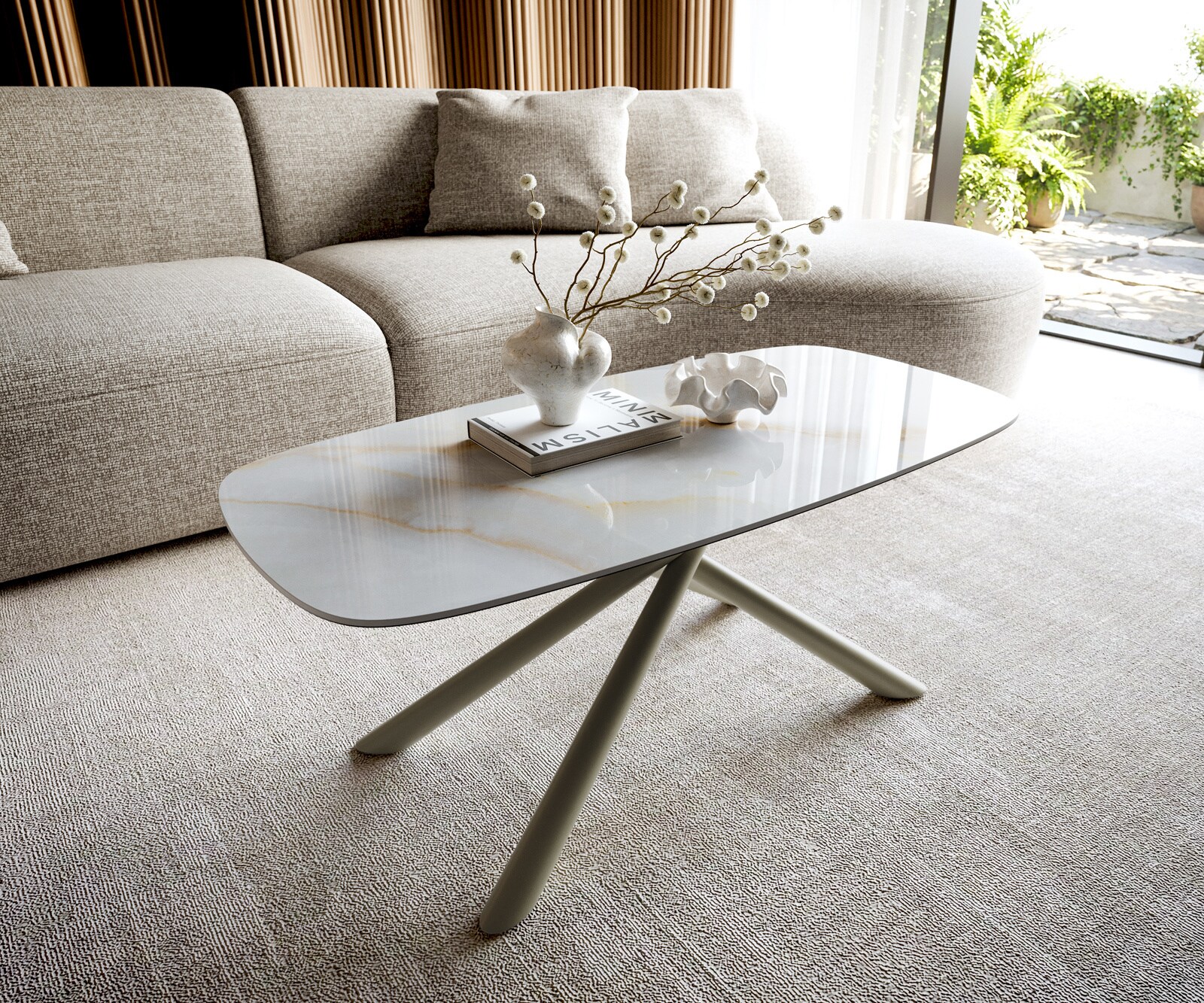 Stolik kawowy Edge w kształcie beczki 100x50 cm ceramika Onyx Pearl podstawa Sarity metal w kolorze tytanu 1