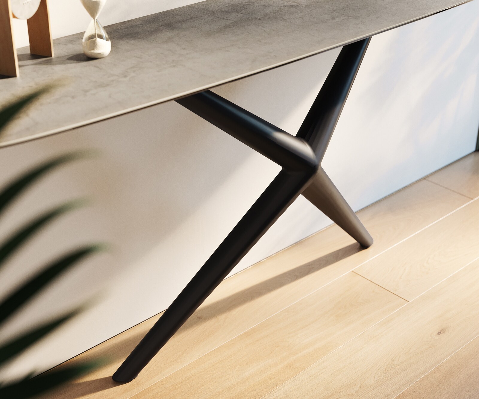 Konsola Edge w kształcie beczki 180x40 cm ceramika w kolorze betonowej szarości rama Estelo metal czarny 6