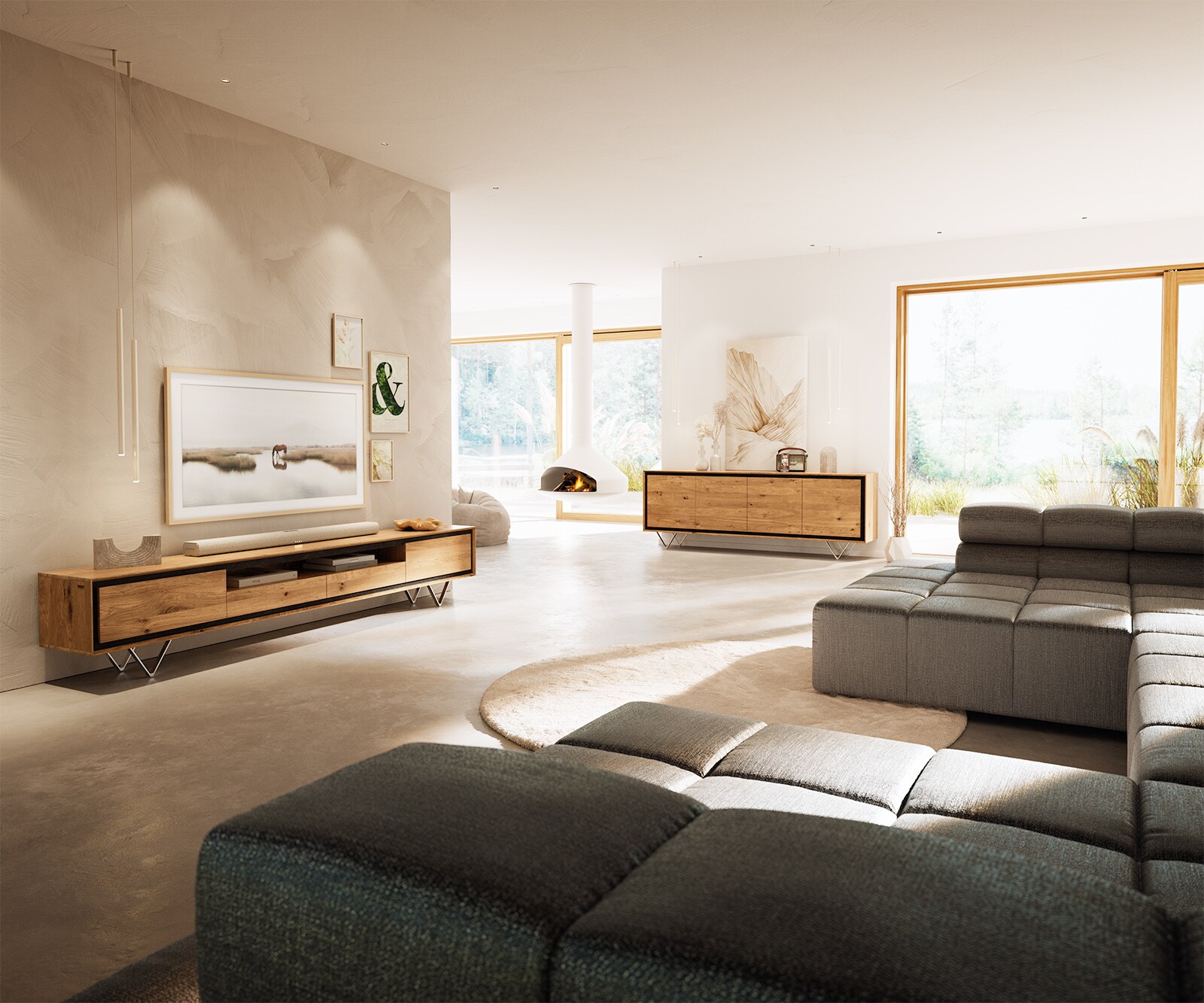 Komoda Stonegrace 200 cm dąb naturalny 4 drzwi fornir kamienny podwieszana 5