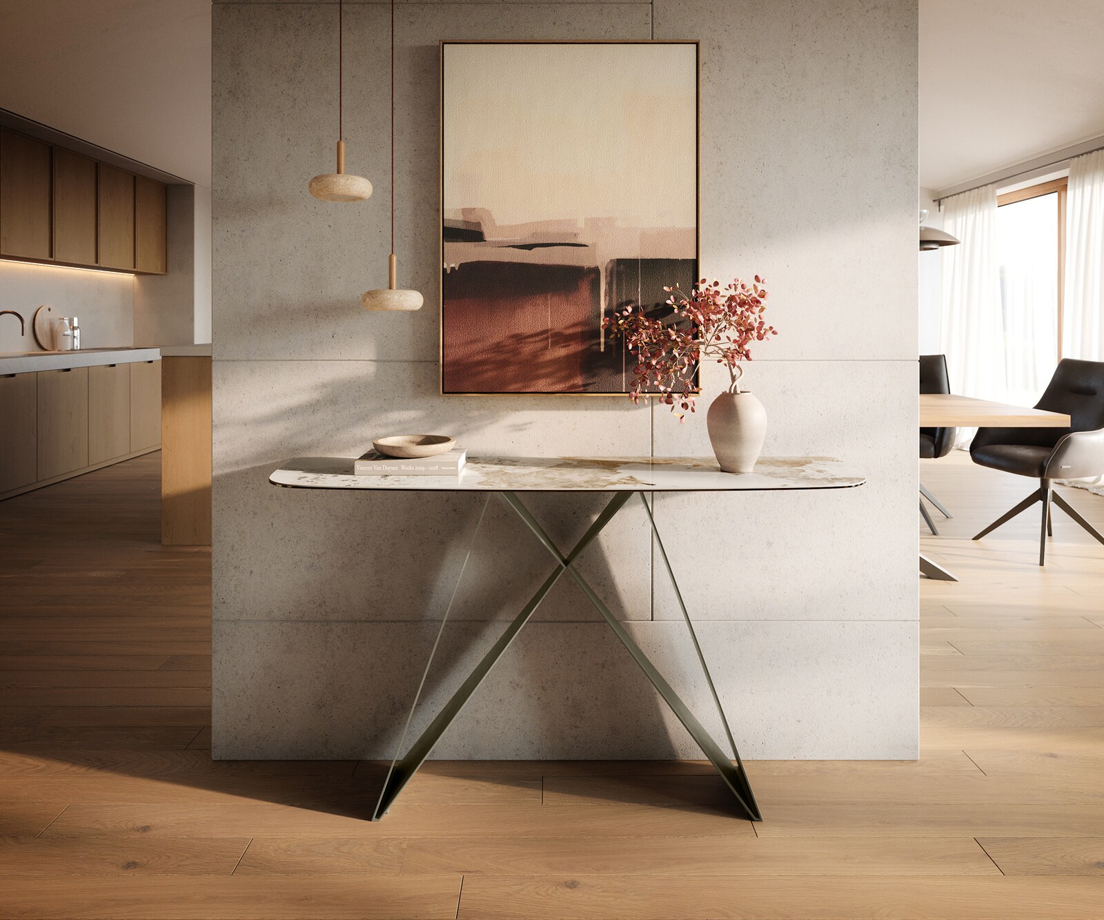 Konsola Edge w kształcie beczki 140x40 cm ceramika Minas Melange biało-beżowa podstawa Velio metal w kolorze tytanu 1