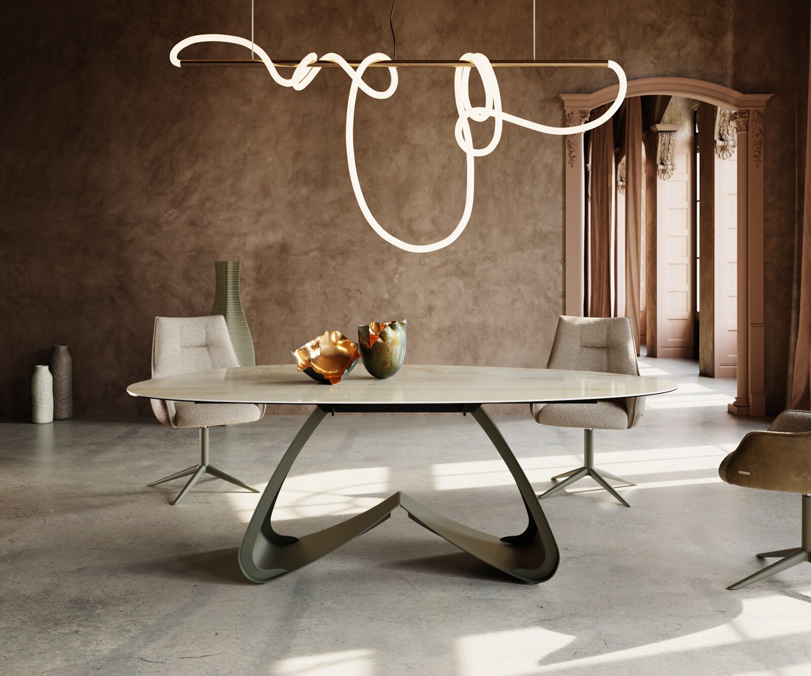 Stół do jadalni Edge owalny 220x120cm ceramika Iris FMG Onice Oro rama W metal kolor tytanowy 2