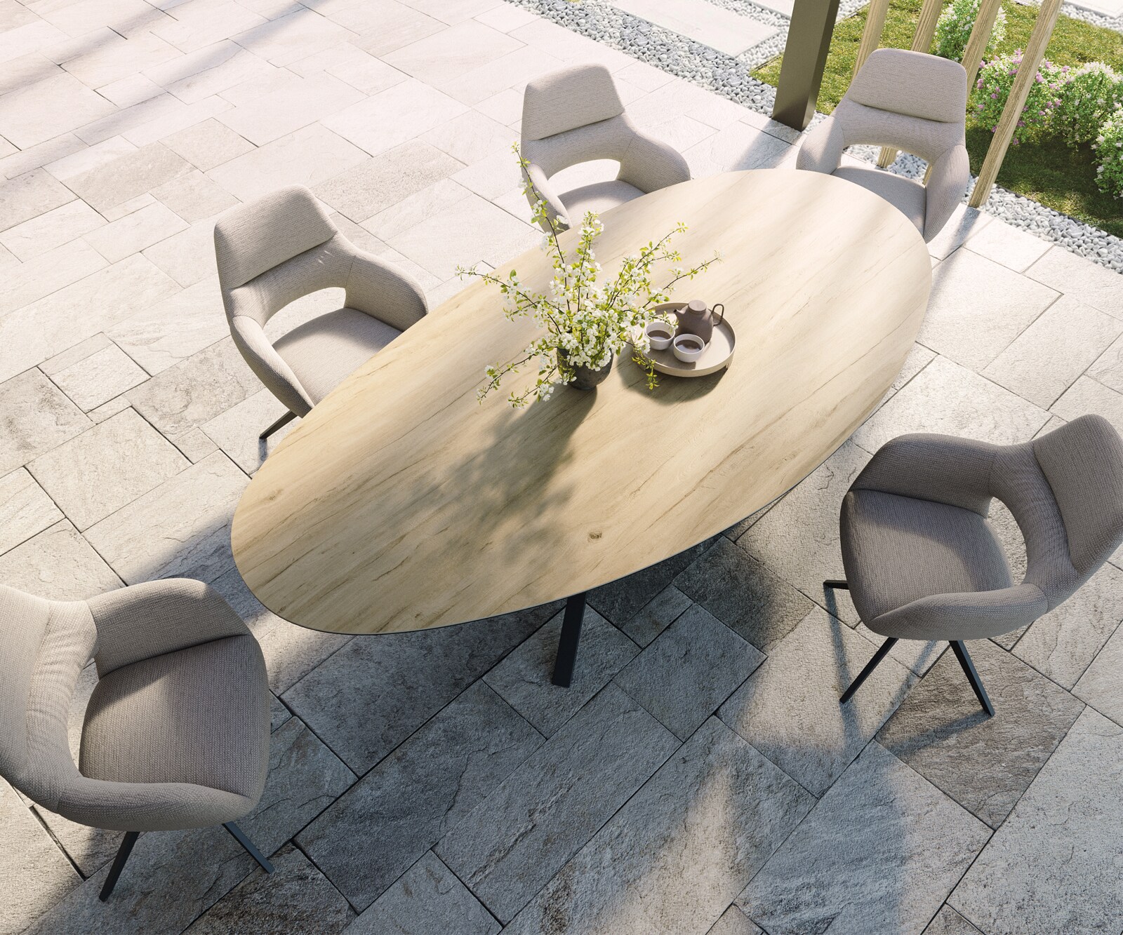 Stół ogrodowy Edge owalny 280x130 cm ceramika Laminam® Sabbia kolor dębu rama Cross czarny 3