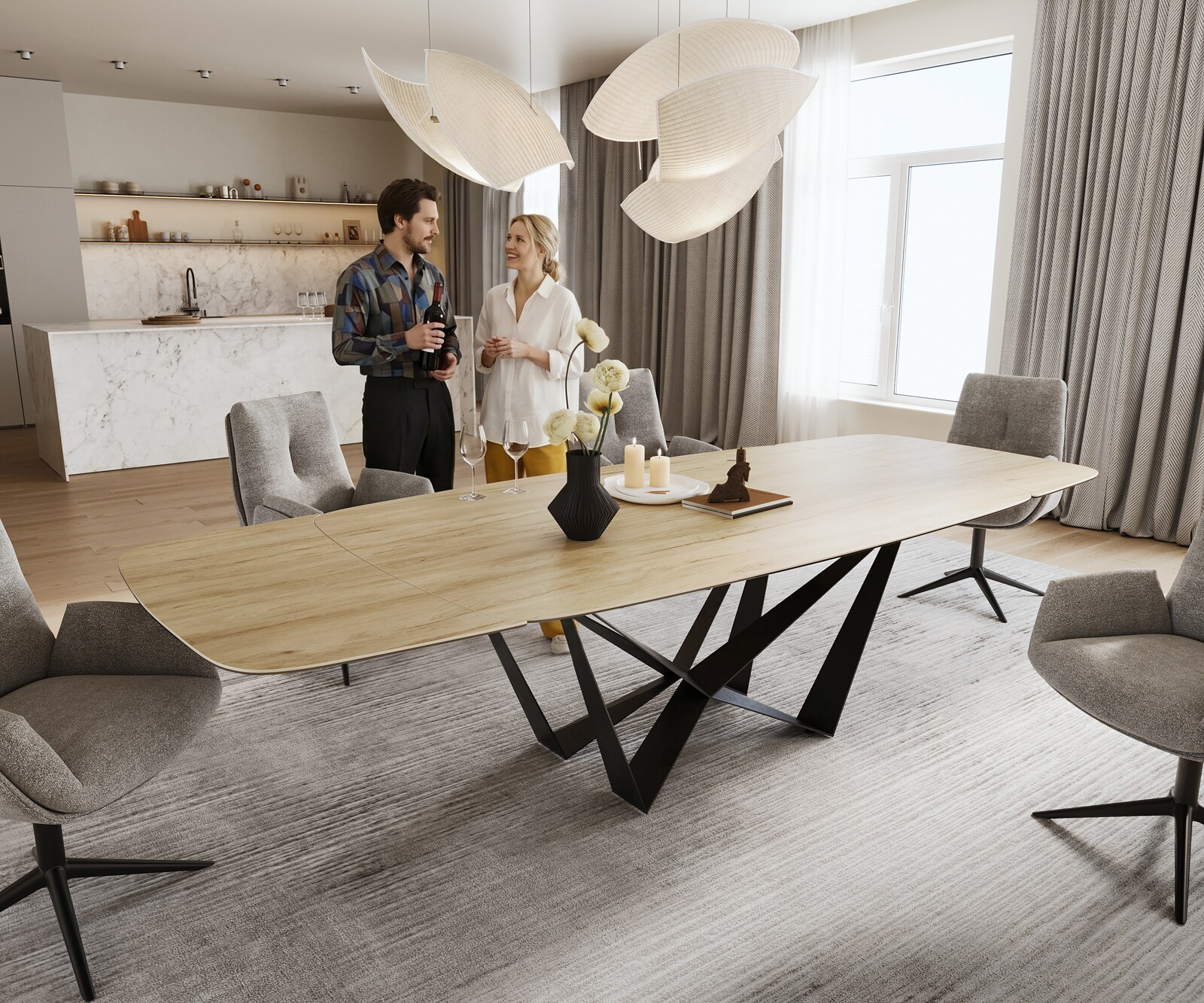 Stół do jadalni Edge w kształcie beczki 200-300x120 cm ceramika Laminam® Sabbia w kolorze dębu rama Spider metal czarny rozkładany