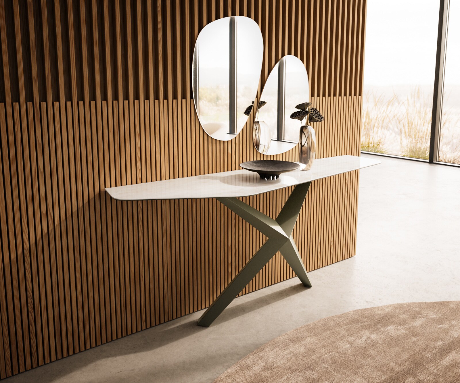 Konsola Edge wielokątna 180x50 cm ceramika Onyx Champagne podstawa Zentharo metal w kolorze tytanu 4