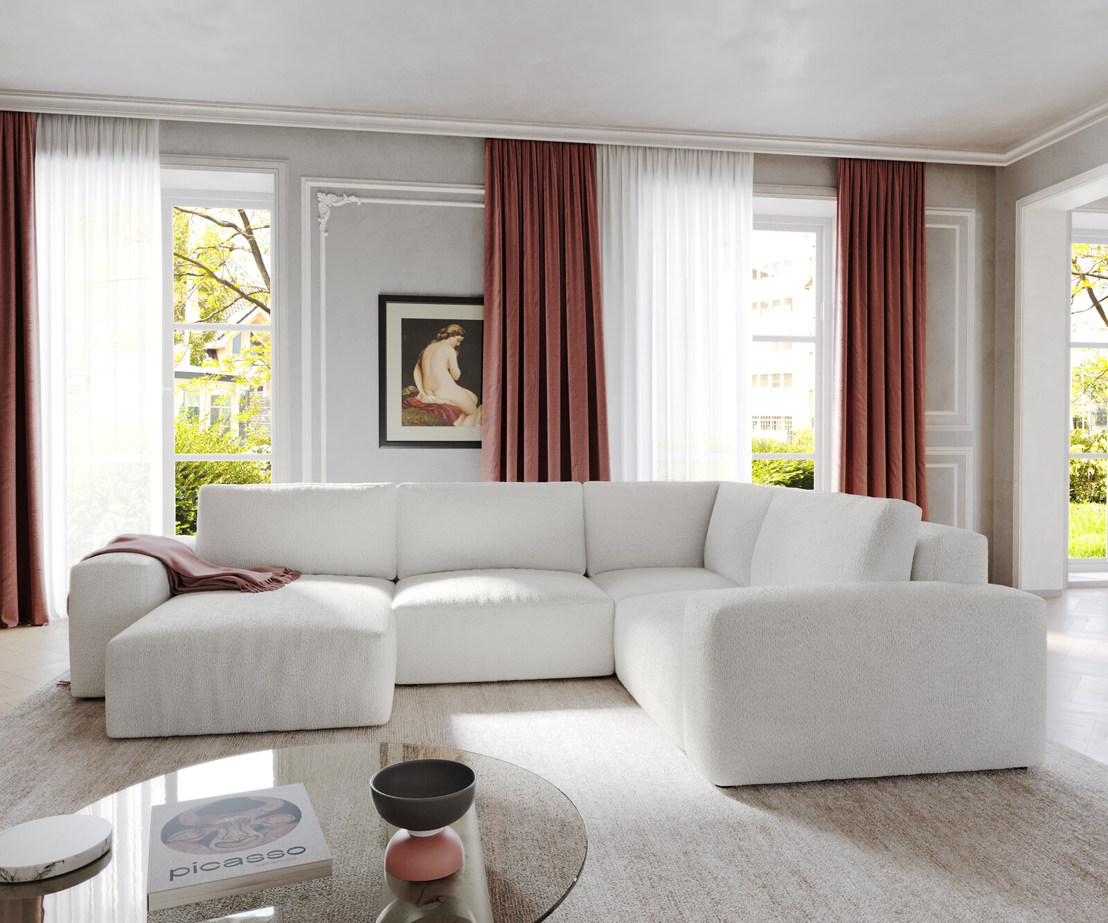 Sofa w kształcie litery U Lanzo L 330x230 cm bouclé kremowo-biały szezlong z możliwością obustronnego montażu 1