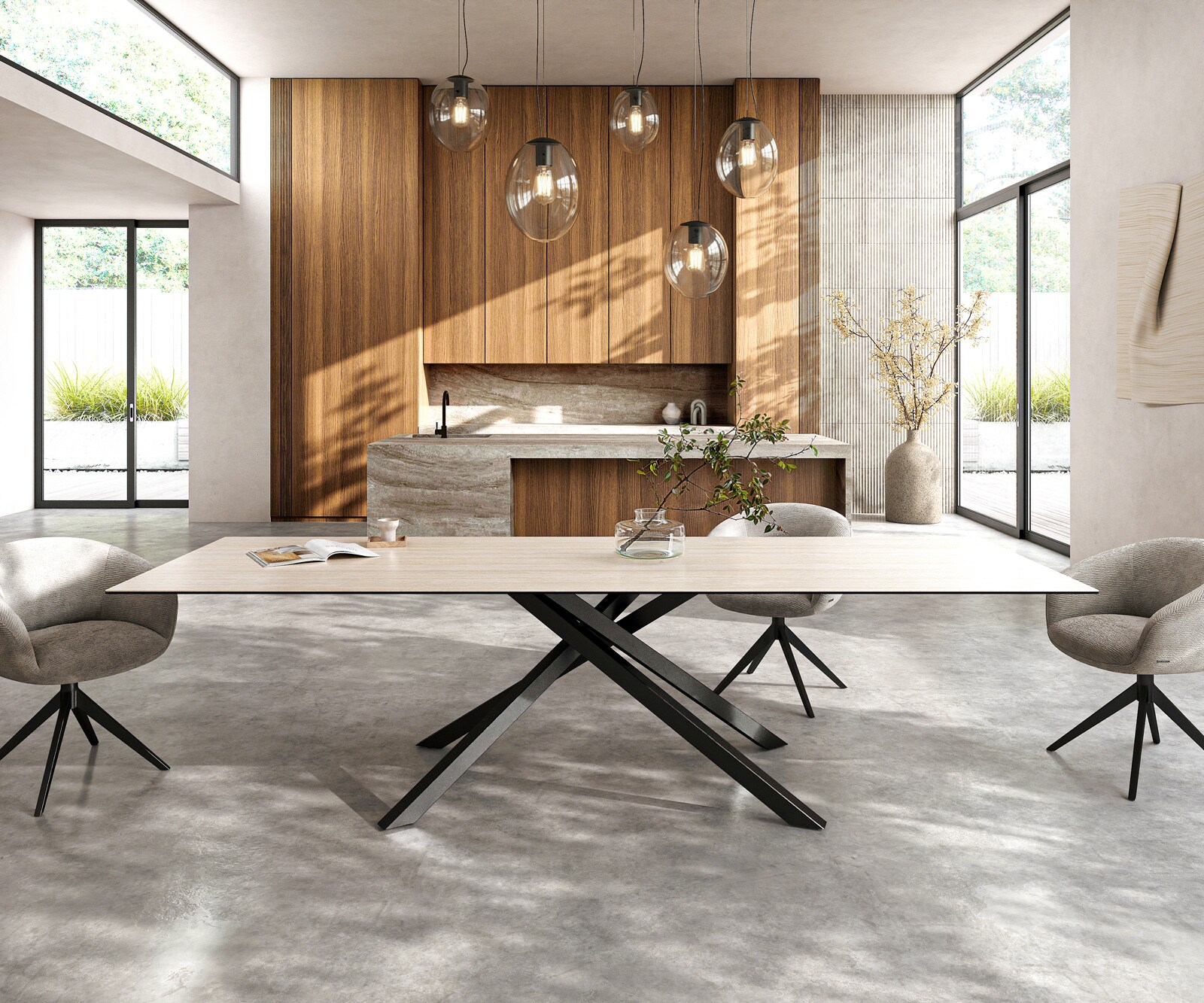 Stół do jadalni Edge 300x100cm ceramika Laminam® Travertino Bianco kremowo-biały rama Cross czarny 1