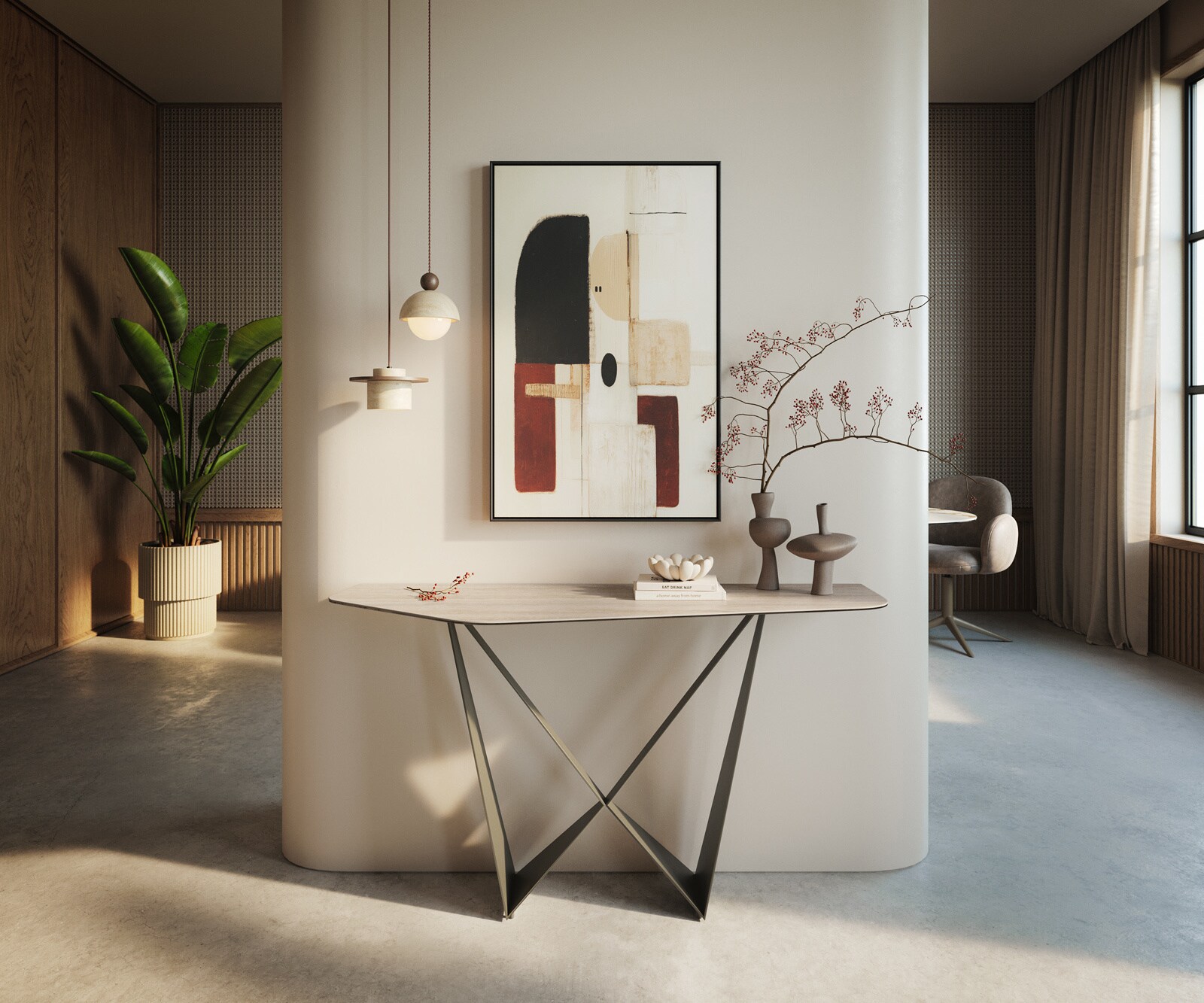 Konsola Edge wielokątna 140x50 cm ceramika Laminam® Travertino Bianco kremowo-biały podstawa Spios metal w kolorze tytanu 4