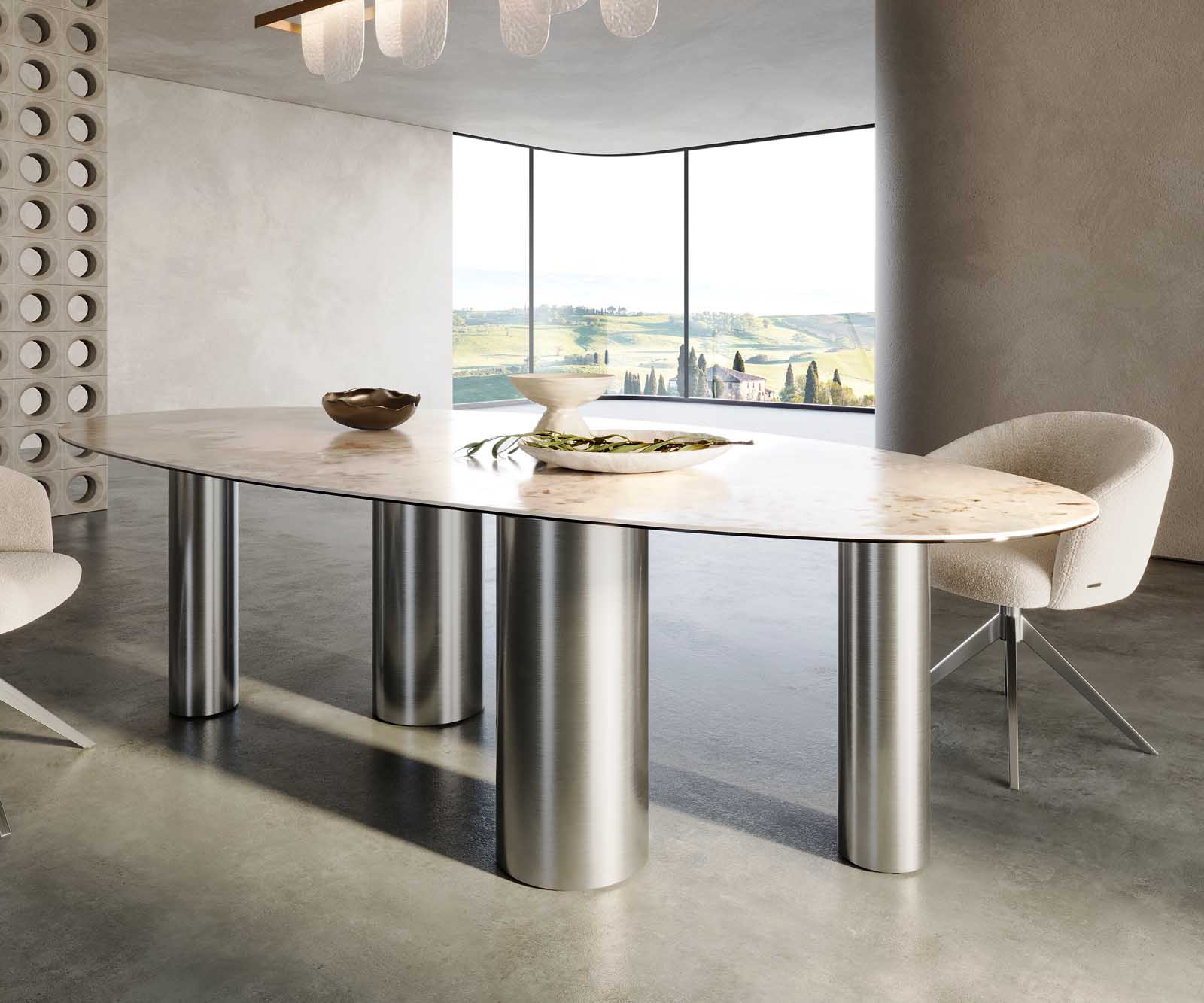 Stół do jadalni Edge owalny 280x130cm ceramika Minas Melange biało-beżowy rama Pilier stal nierdzewna 5