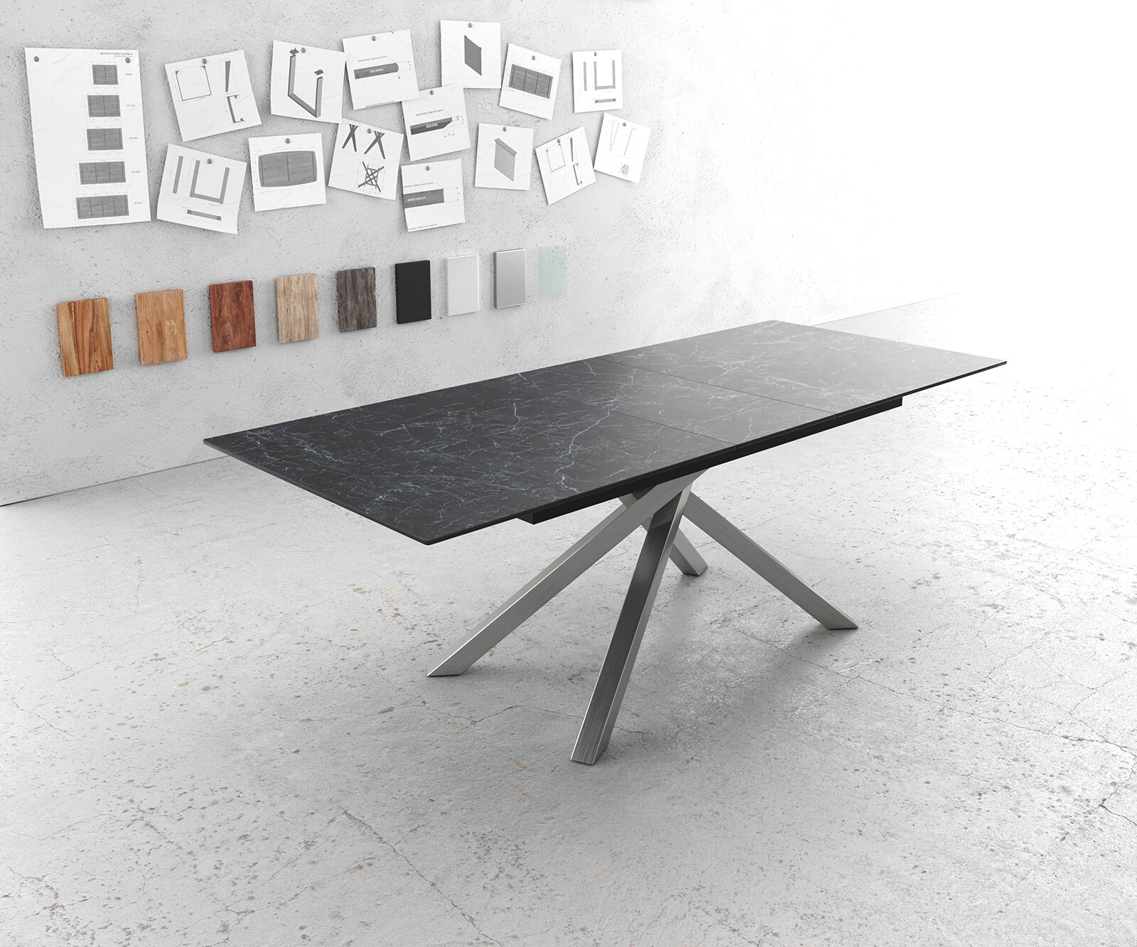 Stół do jadalni Edge 180-220x100 cm ceramika Laminam® Nero Greco antracyt rama Cross stal nierdzewna rozkładany