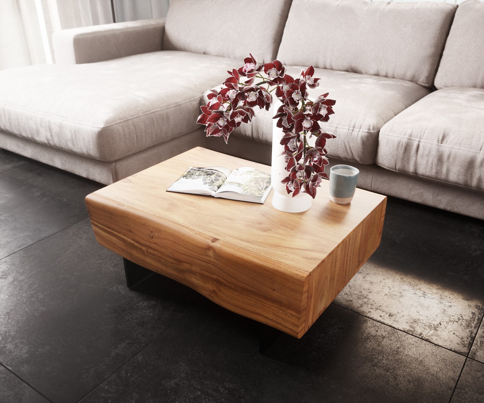 Stolik kawowy New Live-Edge 80x60cm akacja naturalna 2 szuflady nóżki płozowe stal nierdzewna szczotkowana 3