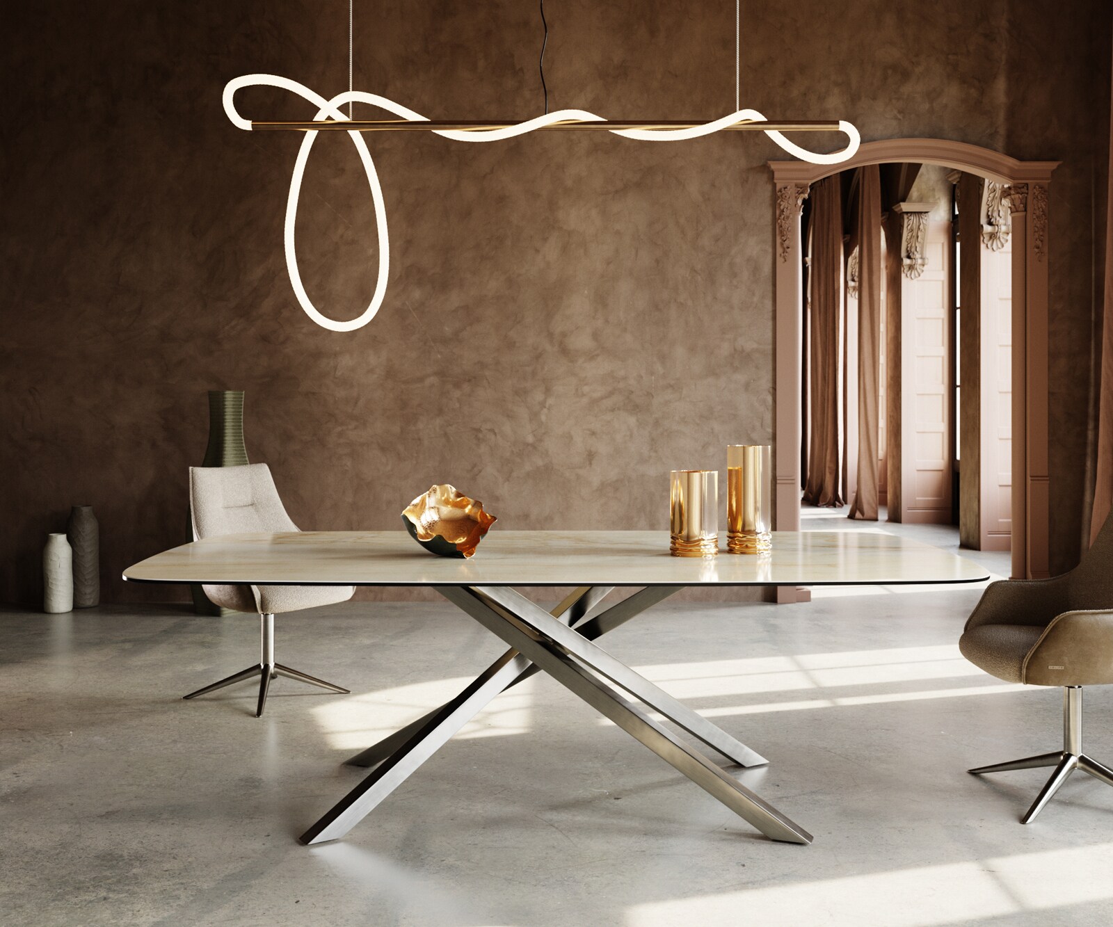Stół do jadalni Edge w kształcie beczki 240x120cm ceramika Iris FMG Onice Oro rama Cross stal nierdzewna 1