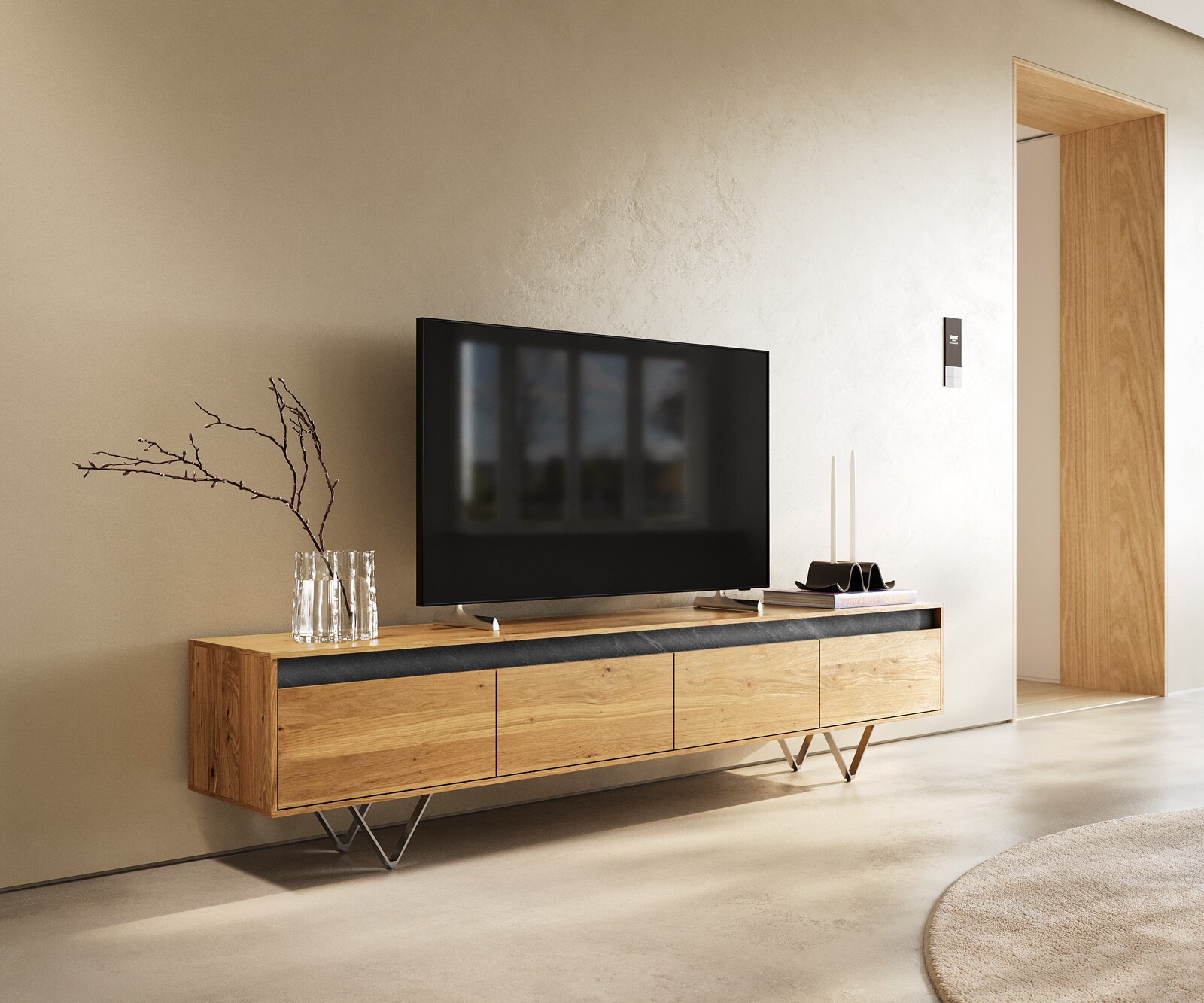 Szafka RTV Stonegrace 200 cm dąb naturalny łupek 4 szuflady nóżki V stal nierdzewna
