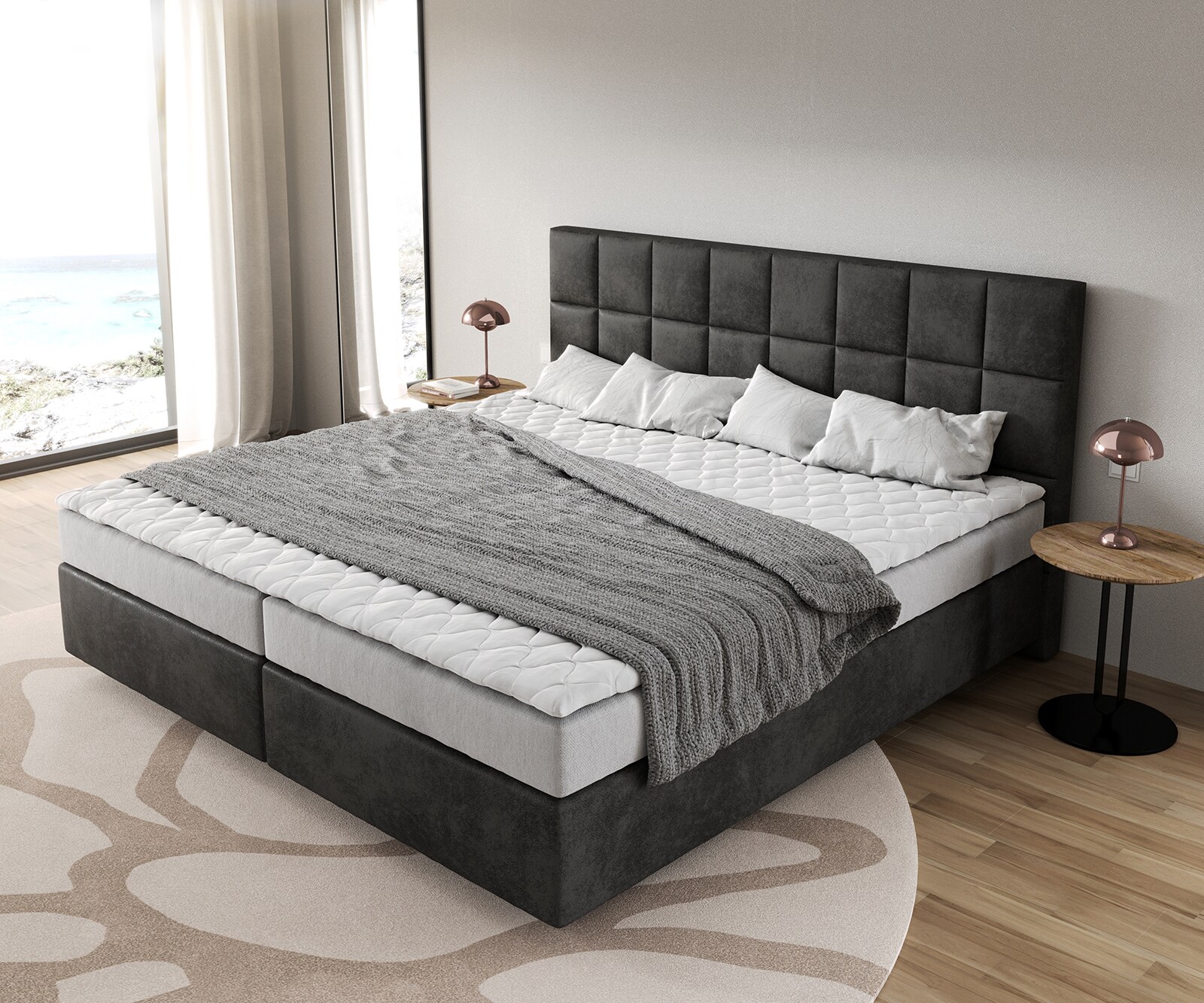 Łóżko kontynentalne Dream-Fine mikrofibra antracyt vintage 200x200cm materac bonellowy topper PU 3