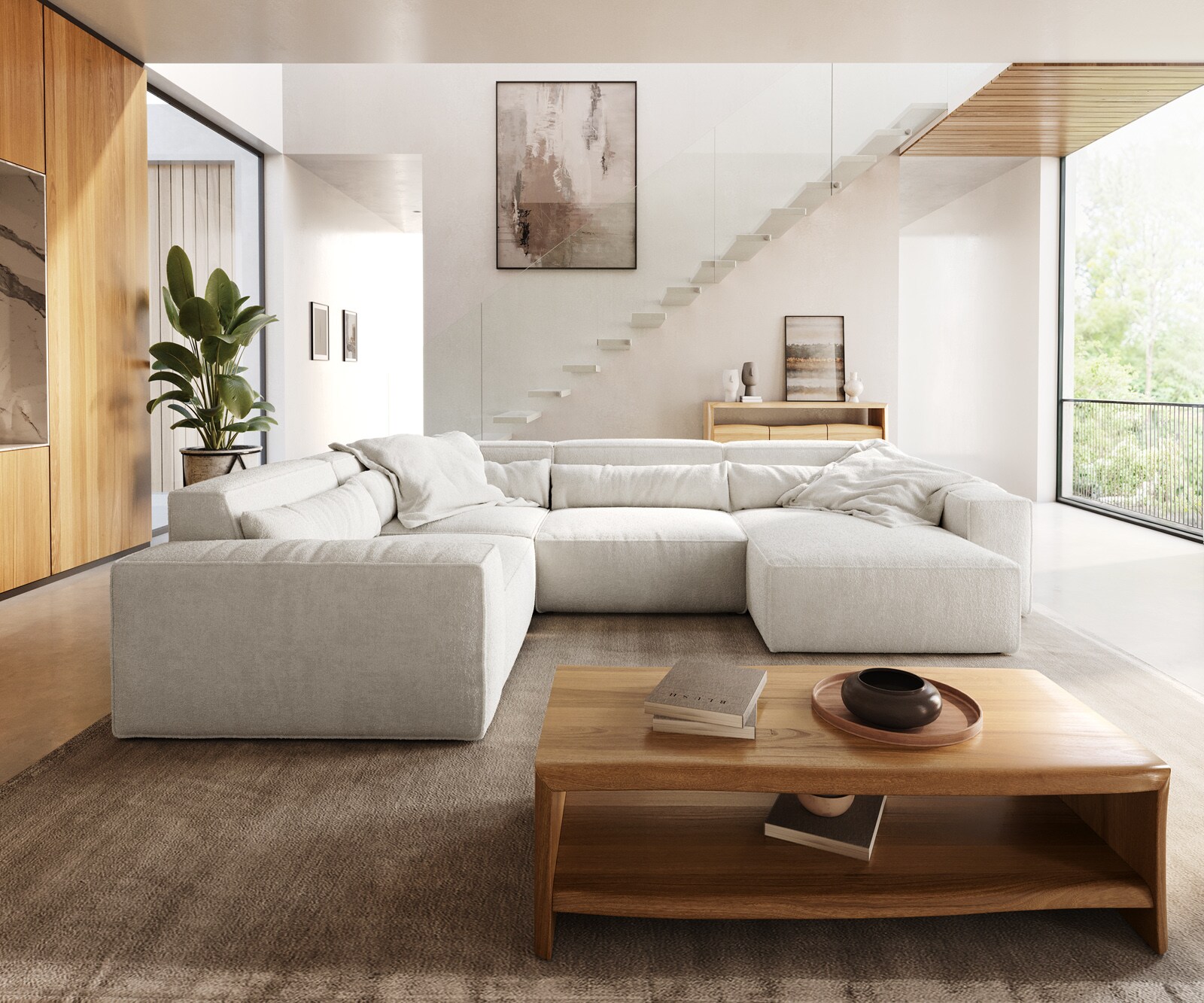 Sofa w kształcie litery U Sirpio 300x210 cm bouclé kremowo-biały szezlong z możliwością obustronnego montażu 1