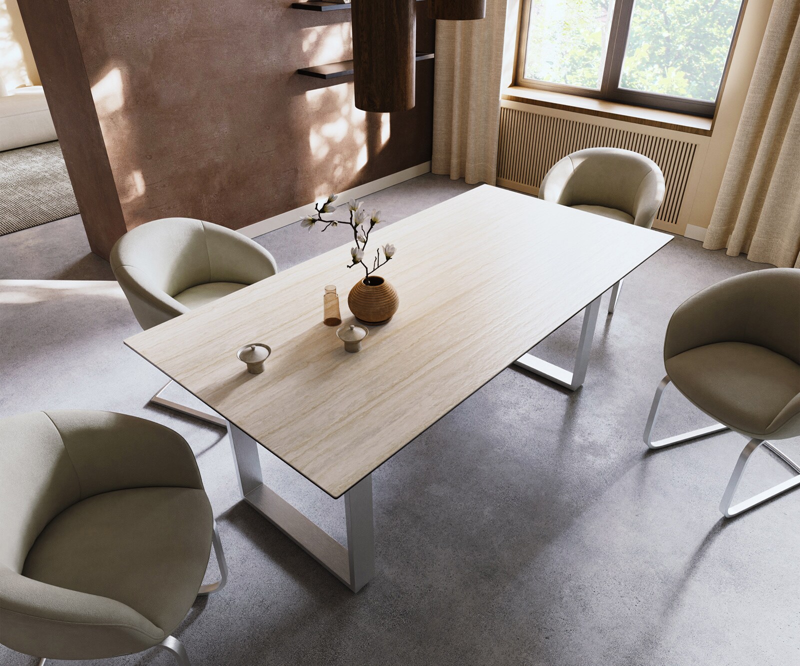 Stół do jadalni Edge 200x100cm ceramika Laminam® Travertino Bianco kremowo-biały rama wąska stal nierdzewna 3
