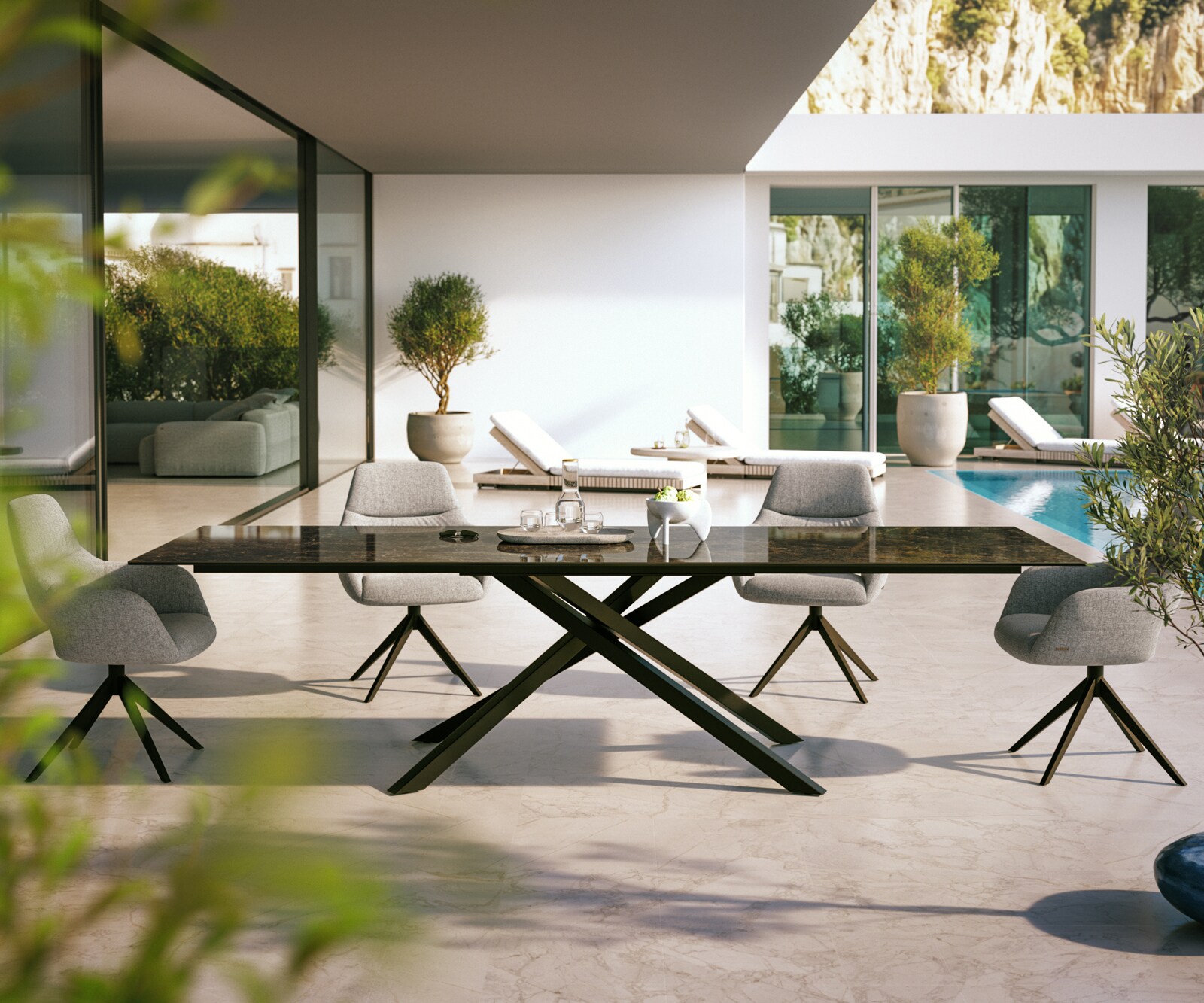 Stół ogrodowy Edge 300x100 cm ceramika Laminam® Emperador Extra Lucidato ciemnobrązowy rama Cross czarny 1