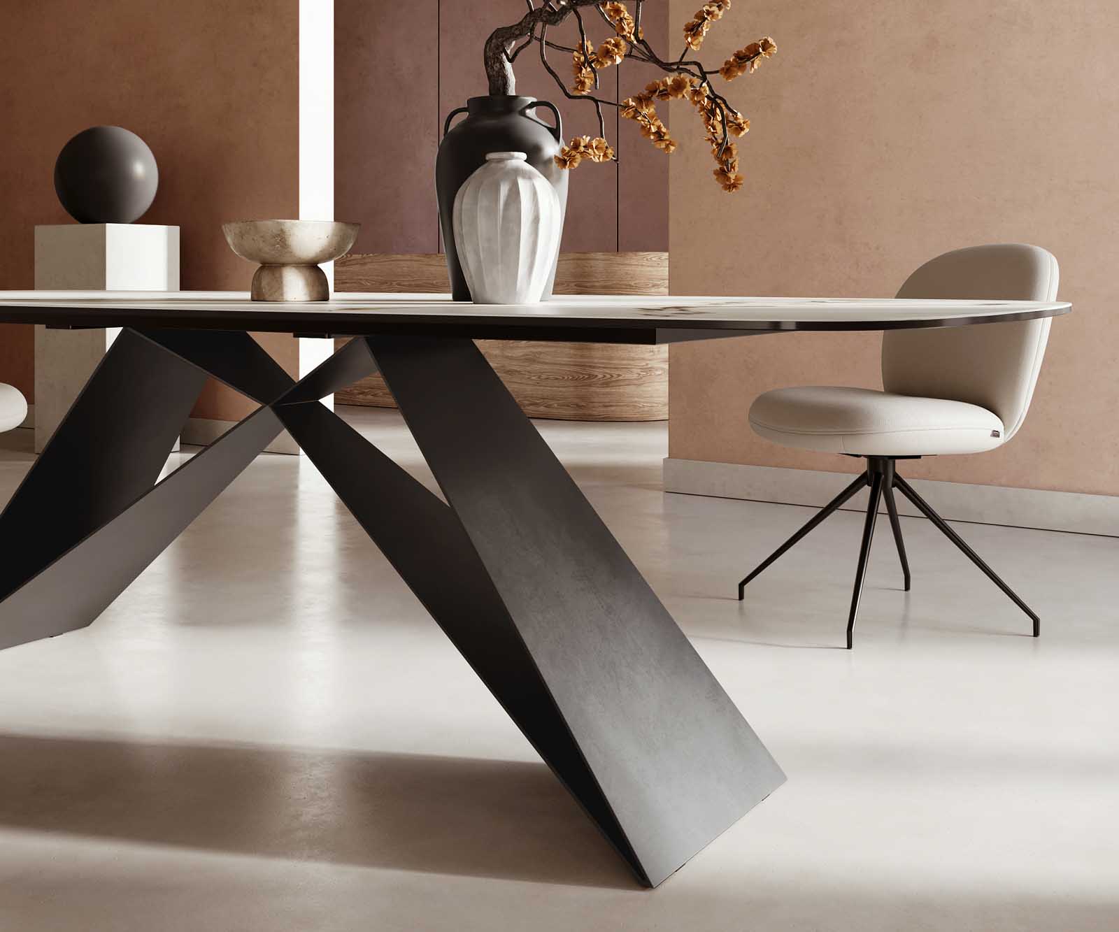 Stół do jadalni Edge kształt beczki 240x120cm ceramika Calacatta Luxe biało-złoto-szary rama V metal czarna 6