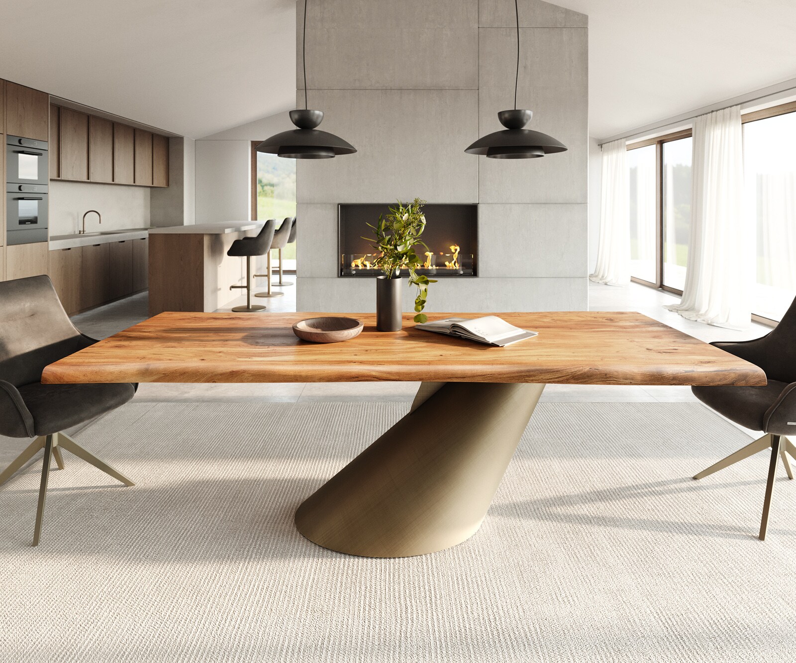 Stół do jadalni Edge 240x100 cm akacja naturalna rama Cono metaliczny złoty live-edge 1
