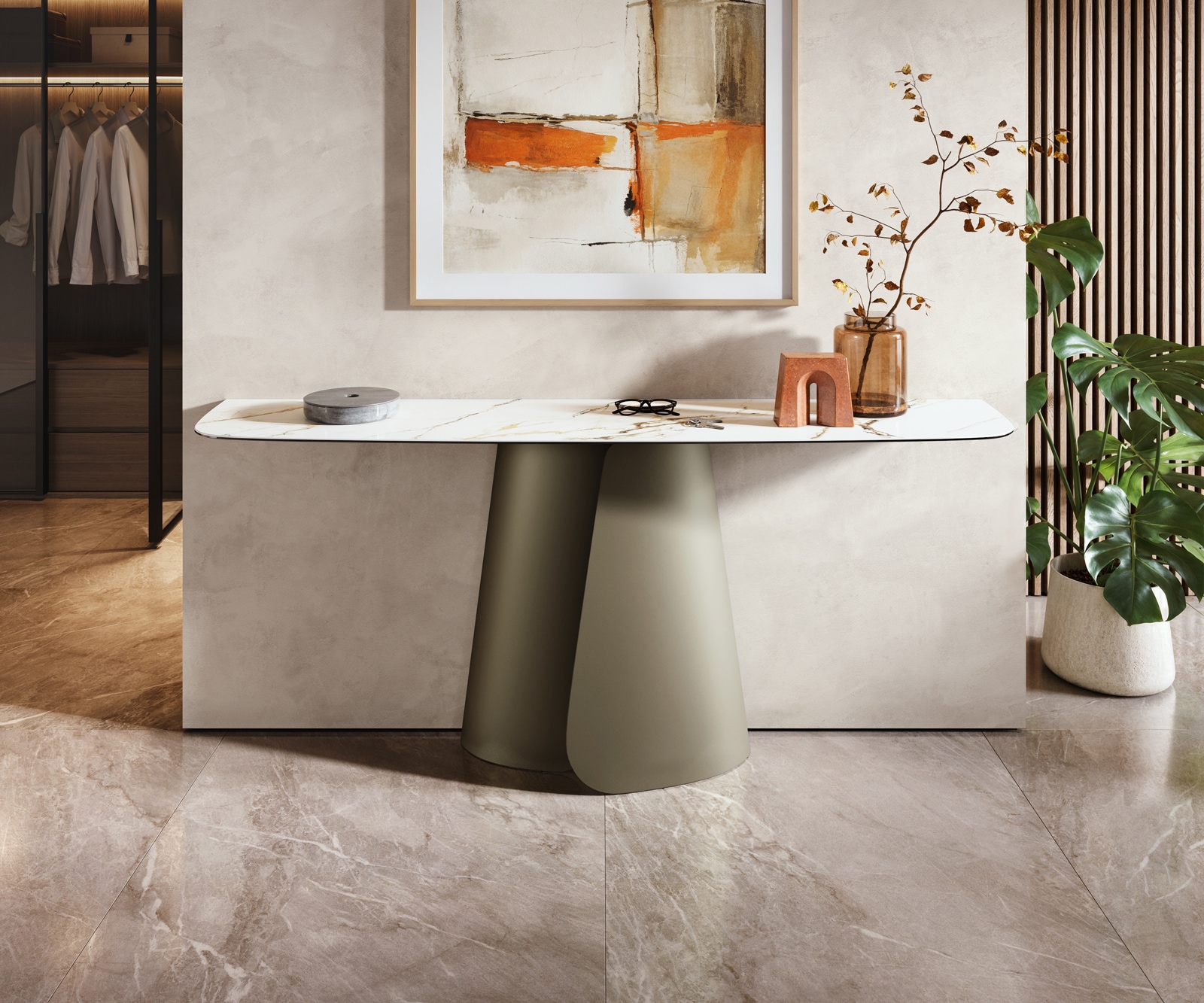 Konsola Edge w kształcie beczki 180x40 cm Calacatta Luxe biało-złoto-szara podstawa Livos metal w kolorze tytanu 1