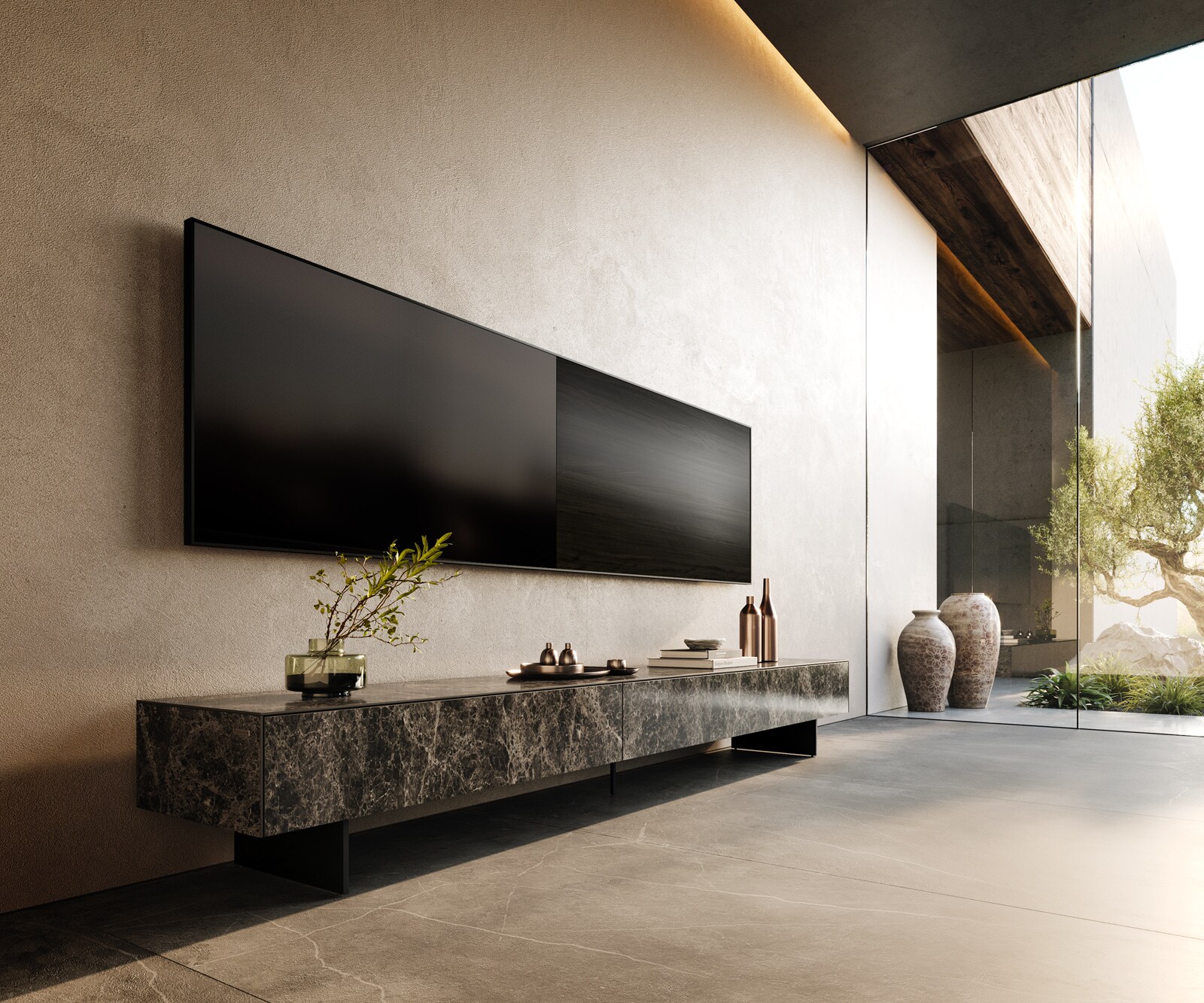 Szafka RTV Cuor 250 cm ceramika Emperador Extra Lucidato ciemnobrązowa 1 klapa 1 szuflada nóżki wąskie czarny metal 1