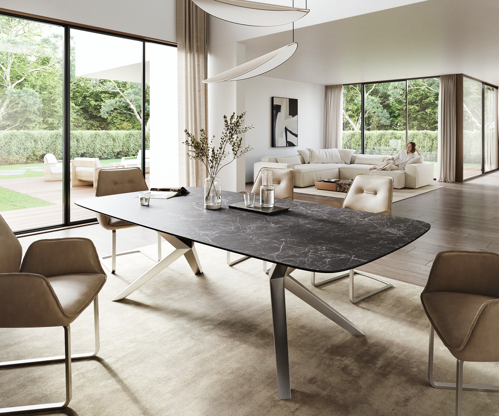 Stół do jadalni Edge w kształcie beczki 260x120 cm ceramika Laminam® Nero Greco antracytowa rama Zenthara stal nierdzewna