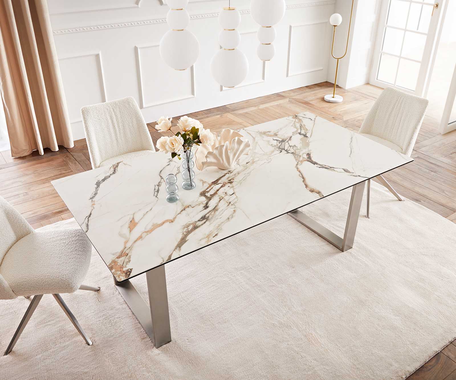 Stół do jadalni Edge 200x100 cm ceramika Calacatta Luxe biało-złoto-szary stal nierdzewna wąska rama 5